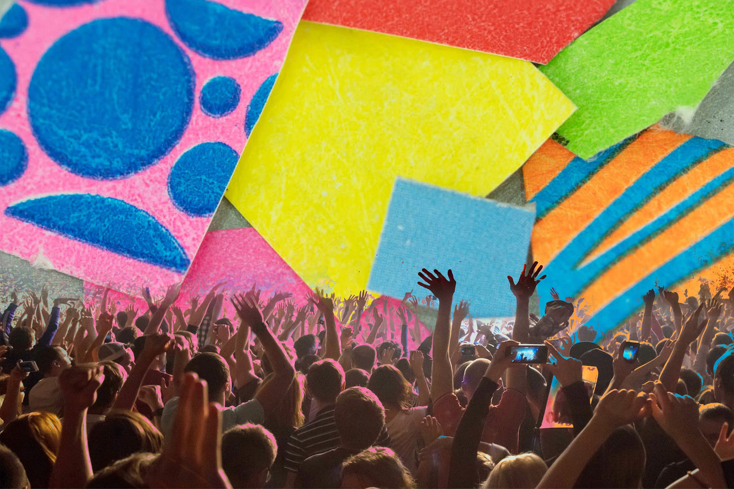 Banner image combining colorful concert wristbands with a live concert crowd, representing the inspiration behind a custom wedding ring