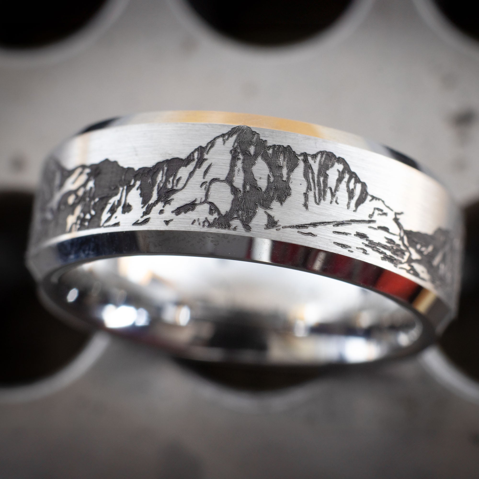 Beveled Tungsten Engraved Colorado 14er Ring