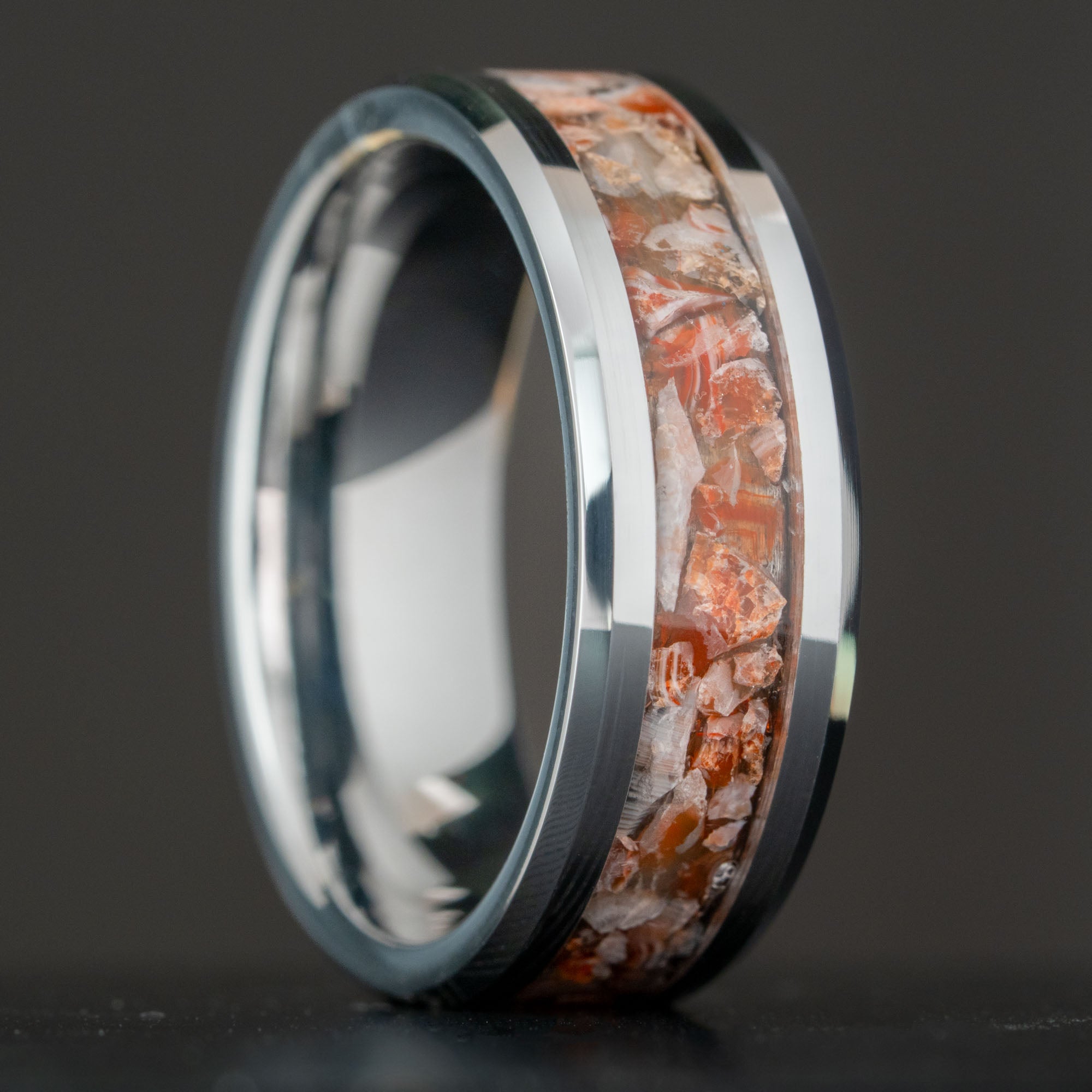 Beveled Tungsten Lake Superior Agate Inlay Ring