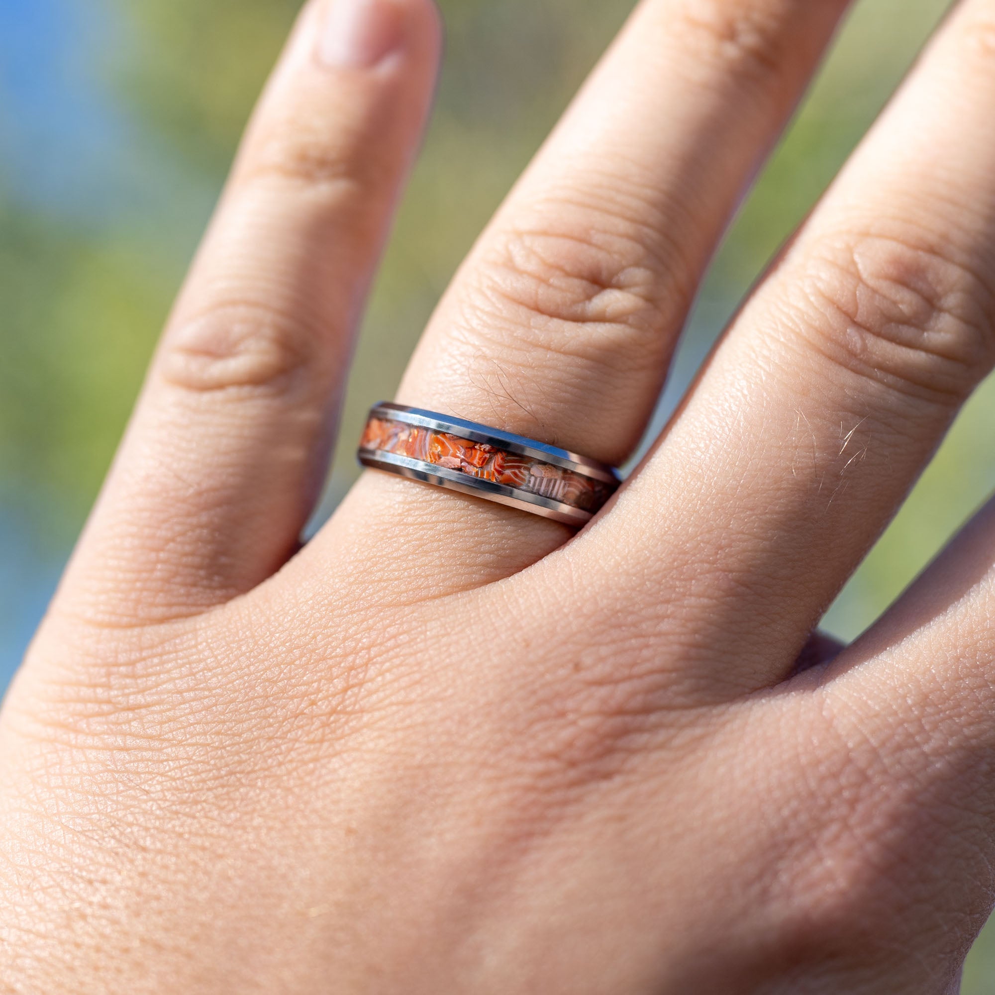 Beveled Tungsten Lake Superior Agate Inlay Ring