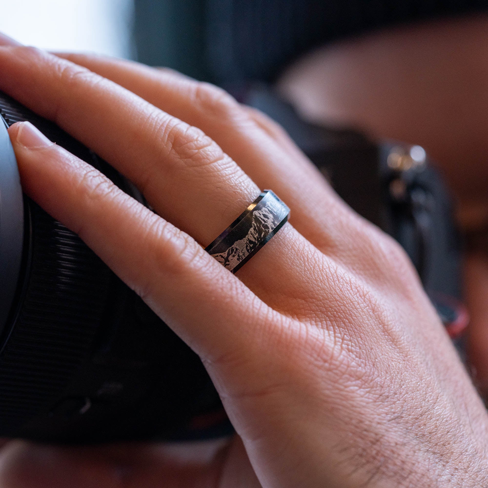 Beveled Black Tungsten Engraved Grand Tetons Ring