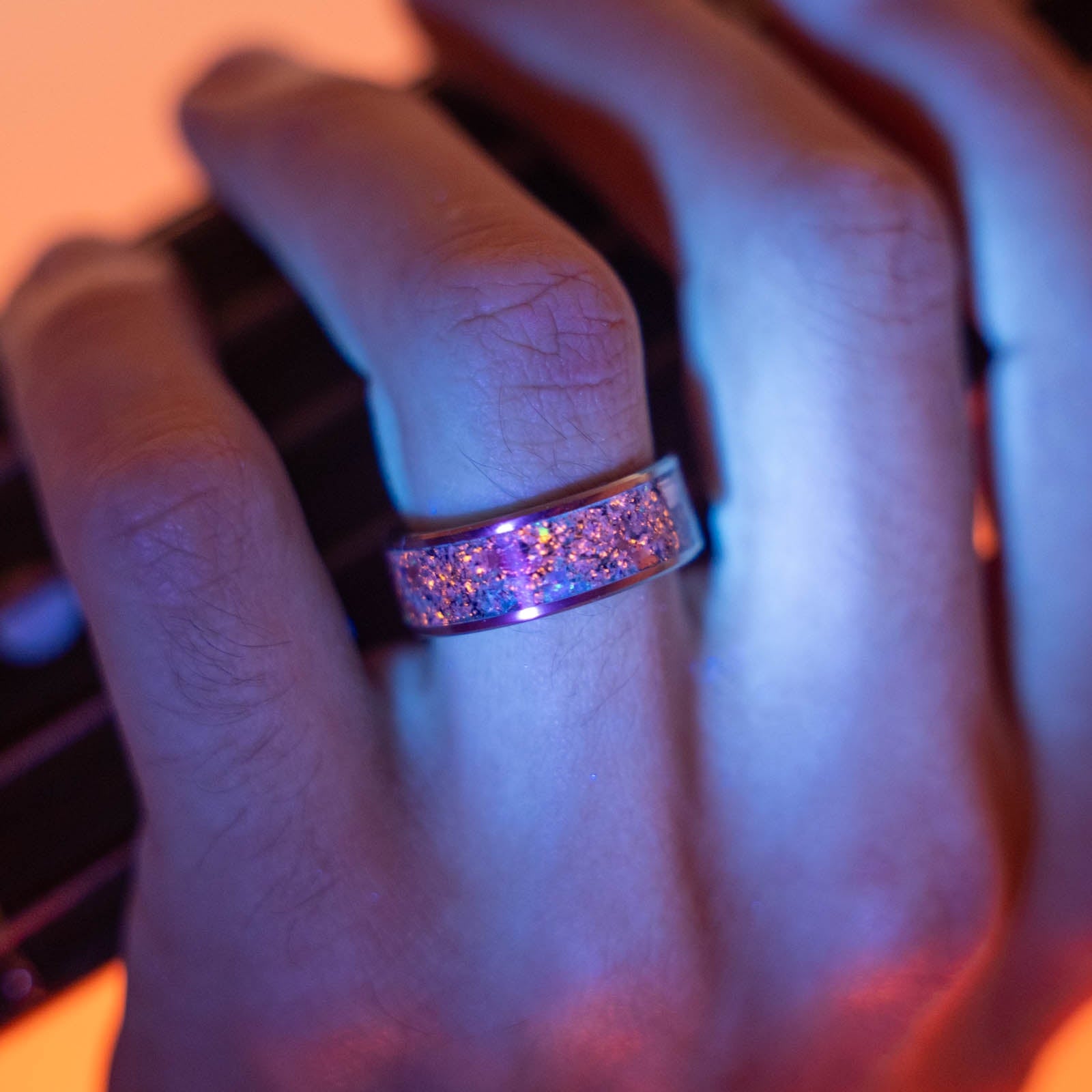 Black Titanium Yooper Glow Stone Inlay Ring