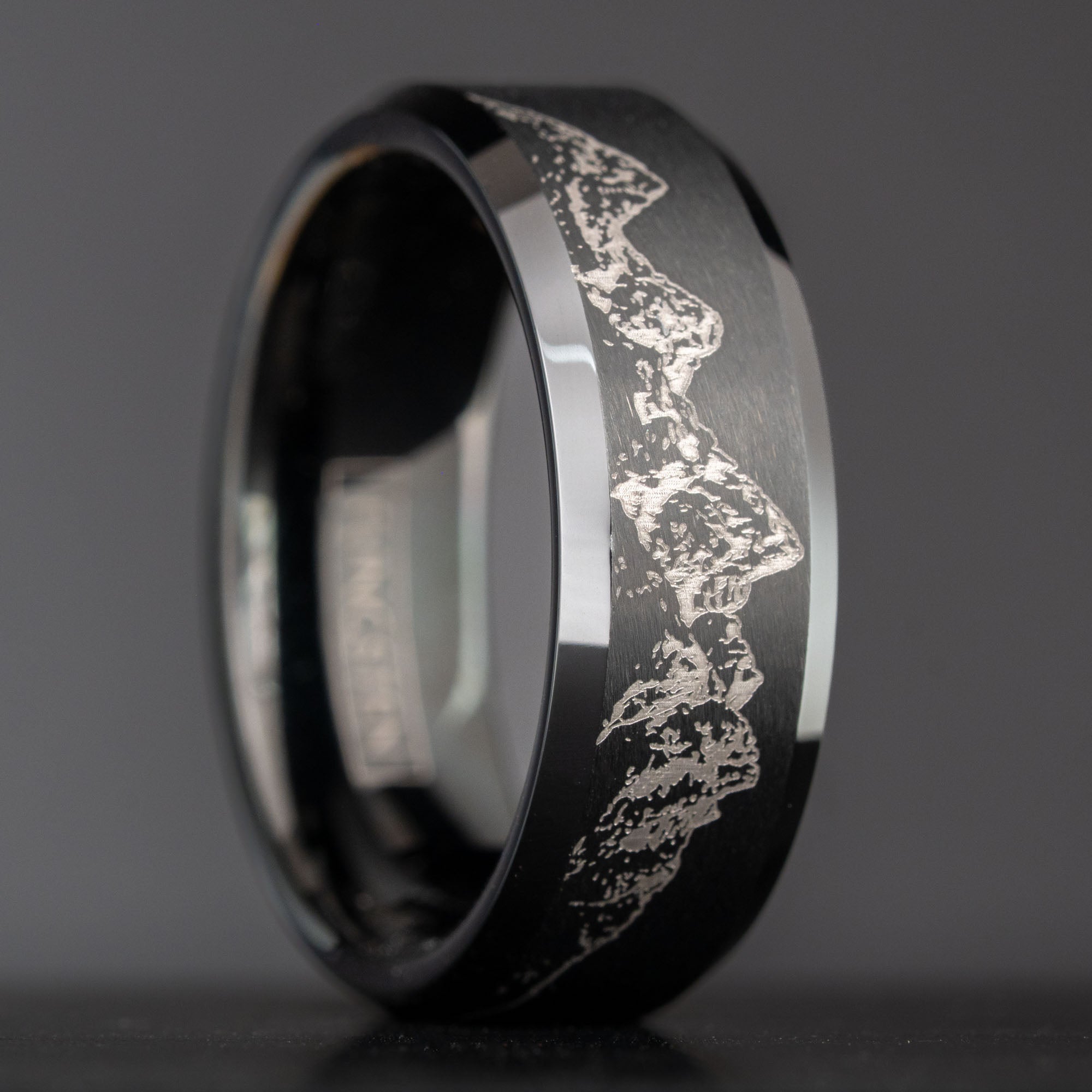 Beveled Black Tungsten Engraved Grand Tetons Ring