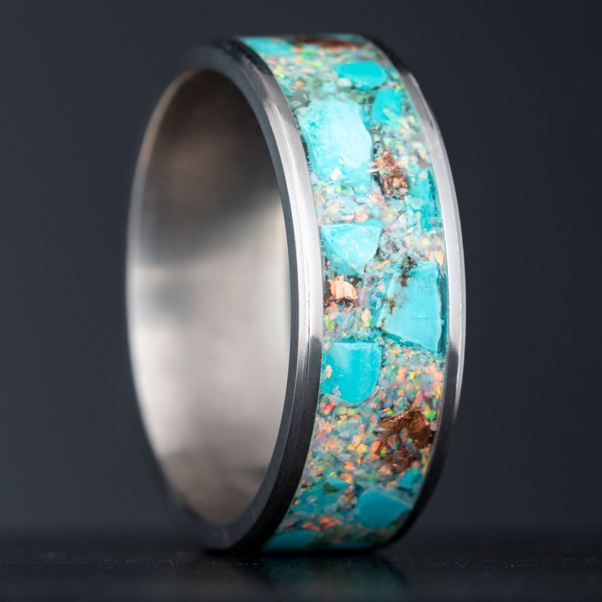 Titanium Turquoise Copper & White Opal Inlay Ring