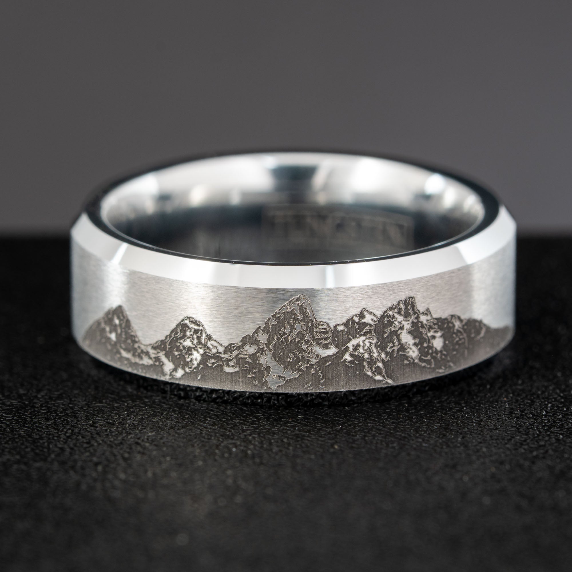 Beveled Tungsten Engraved Grand Tetons Ring | Honest Hands Ring Co