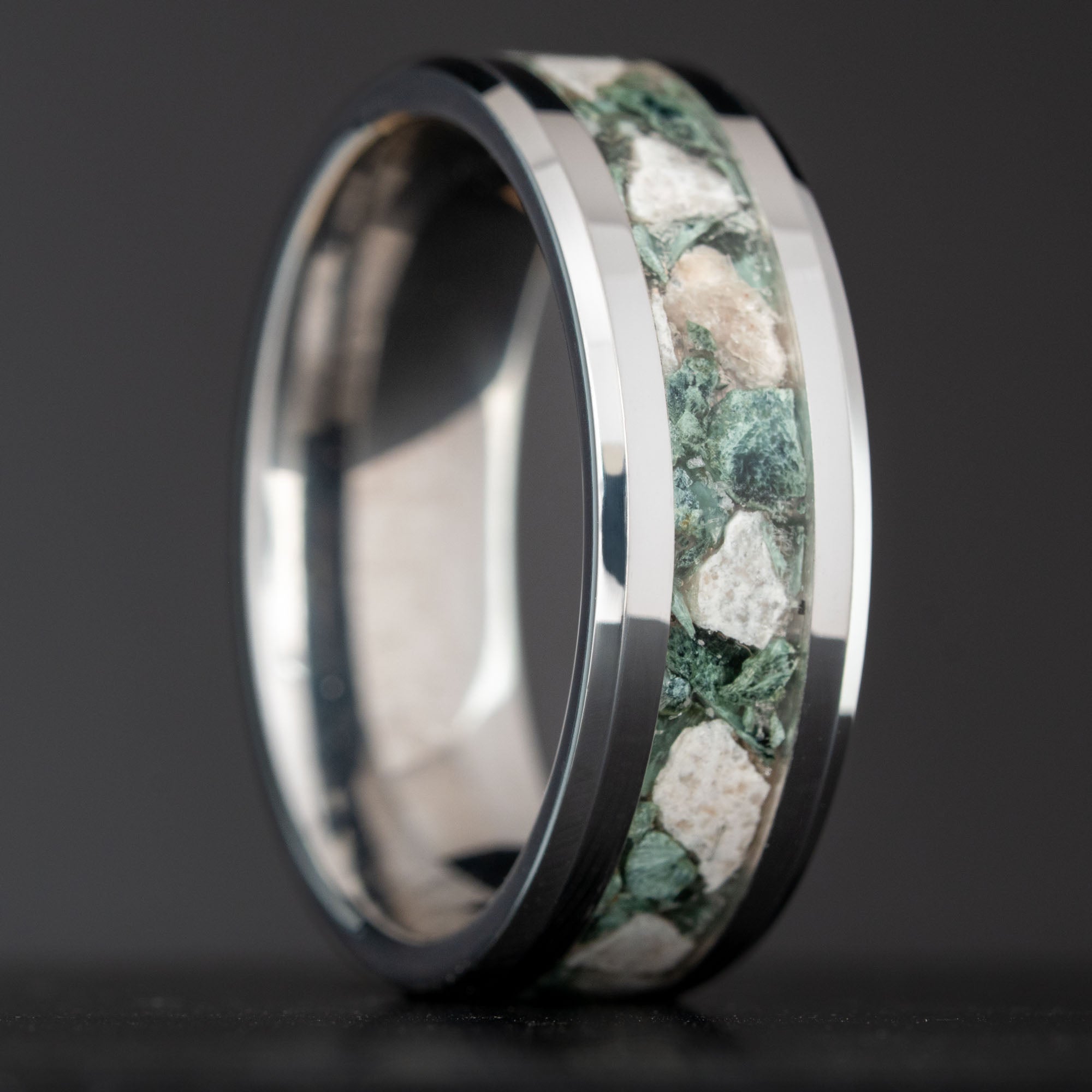 Beveled Tungsten Petoskey Stone & Isle Royale Greenstone Inlay