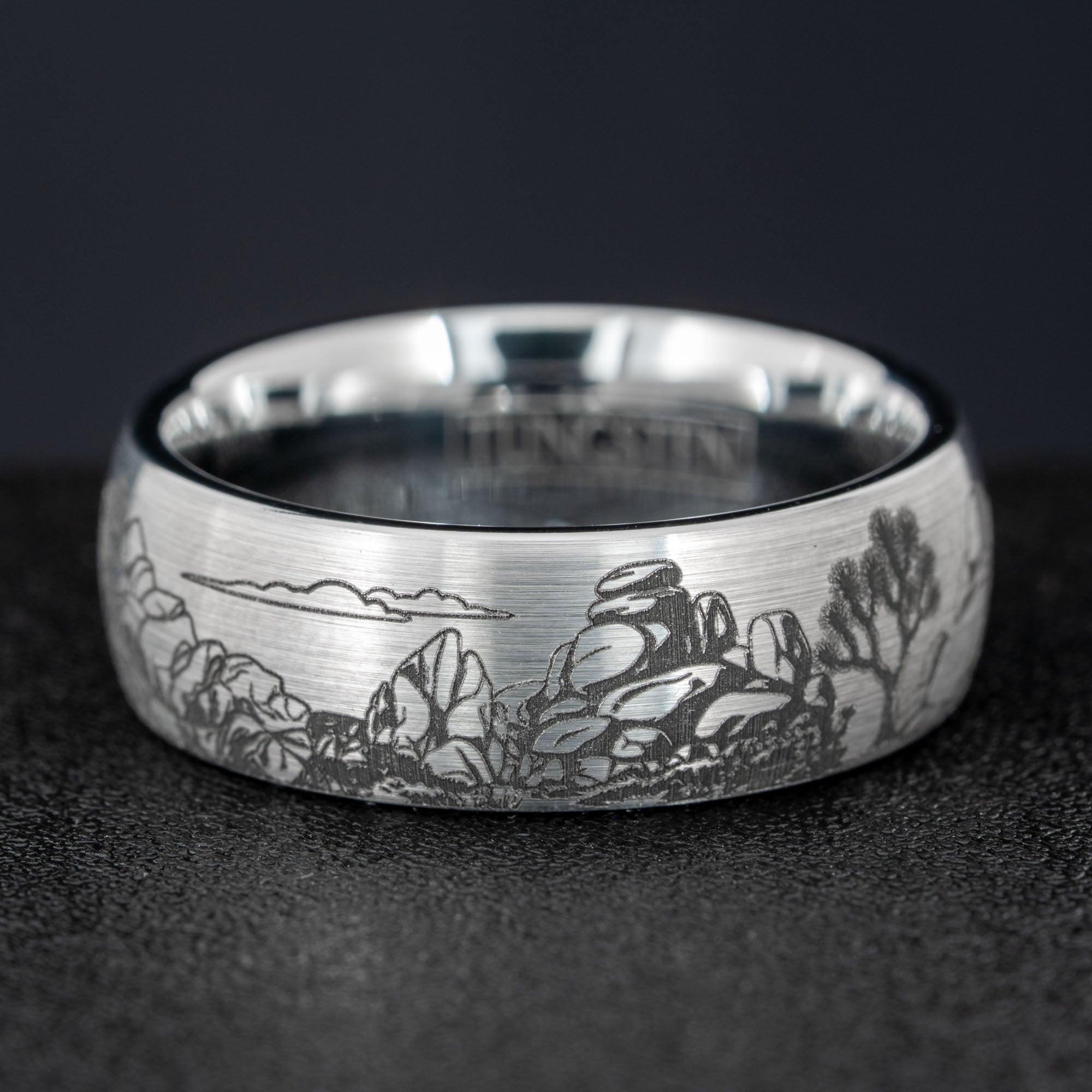 Domed Tungsten Engraved Joshua Tree National Park Ring