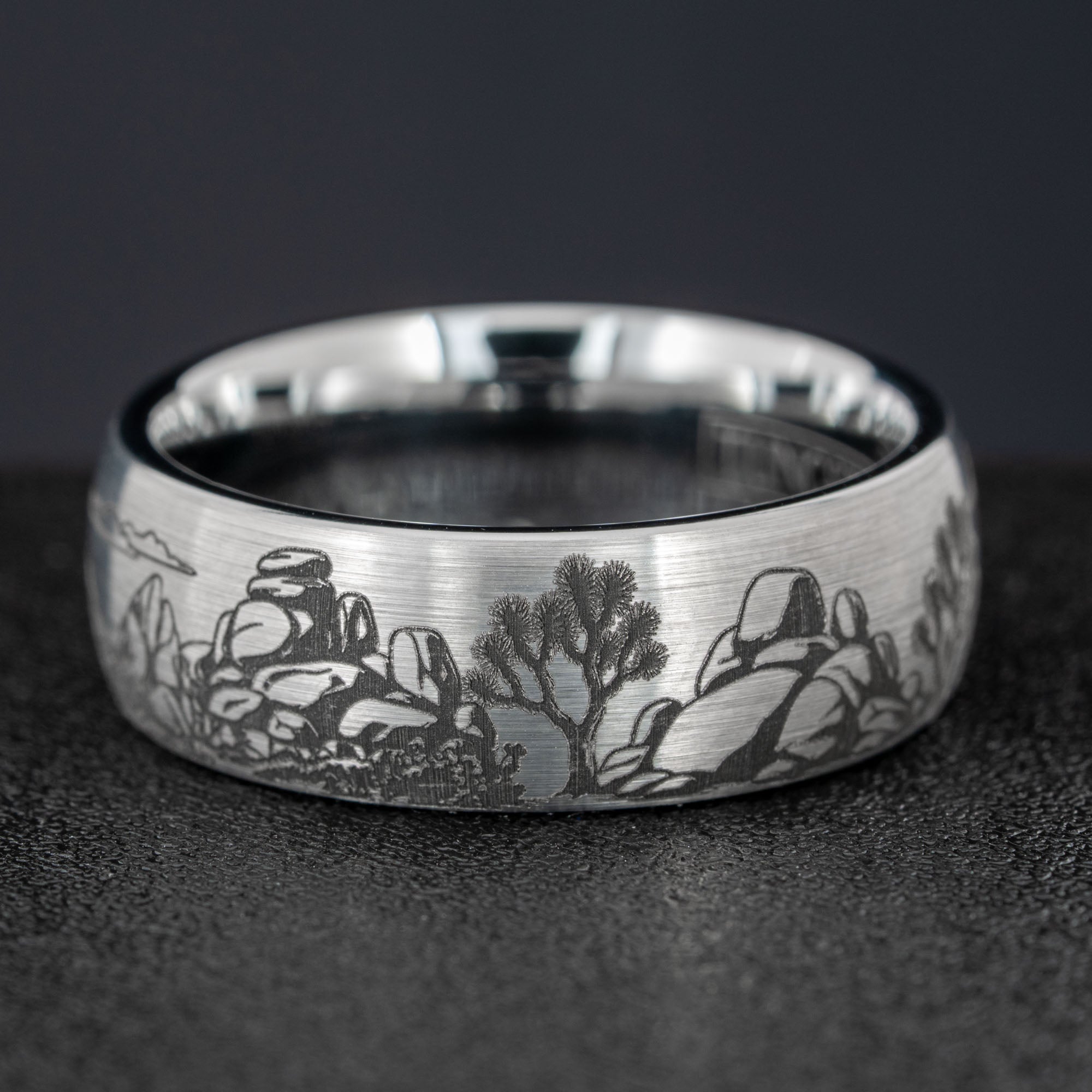 Domed Tungsten Engraved Joshua Tree National Park Ring