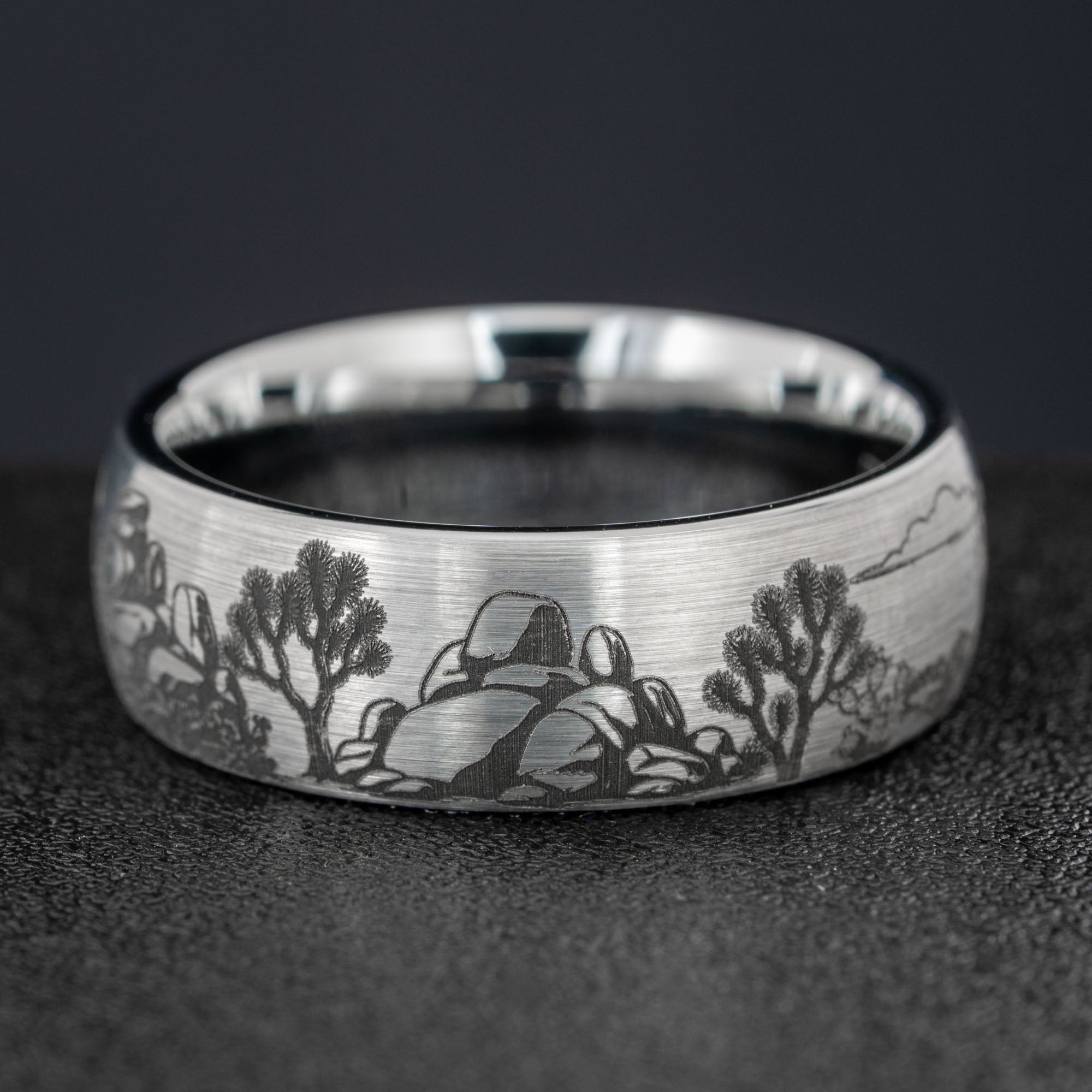 Domed Tungsten Engraved Joshua Tree National Park Ring
