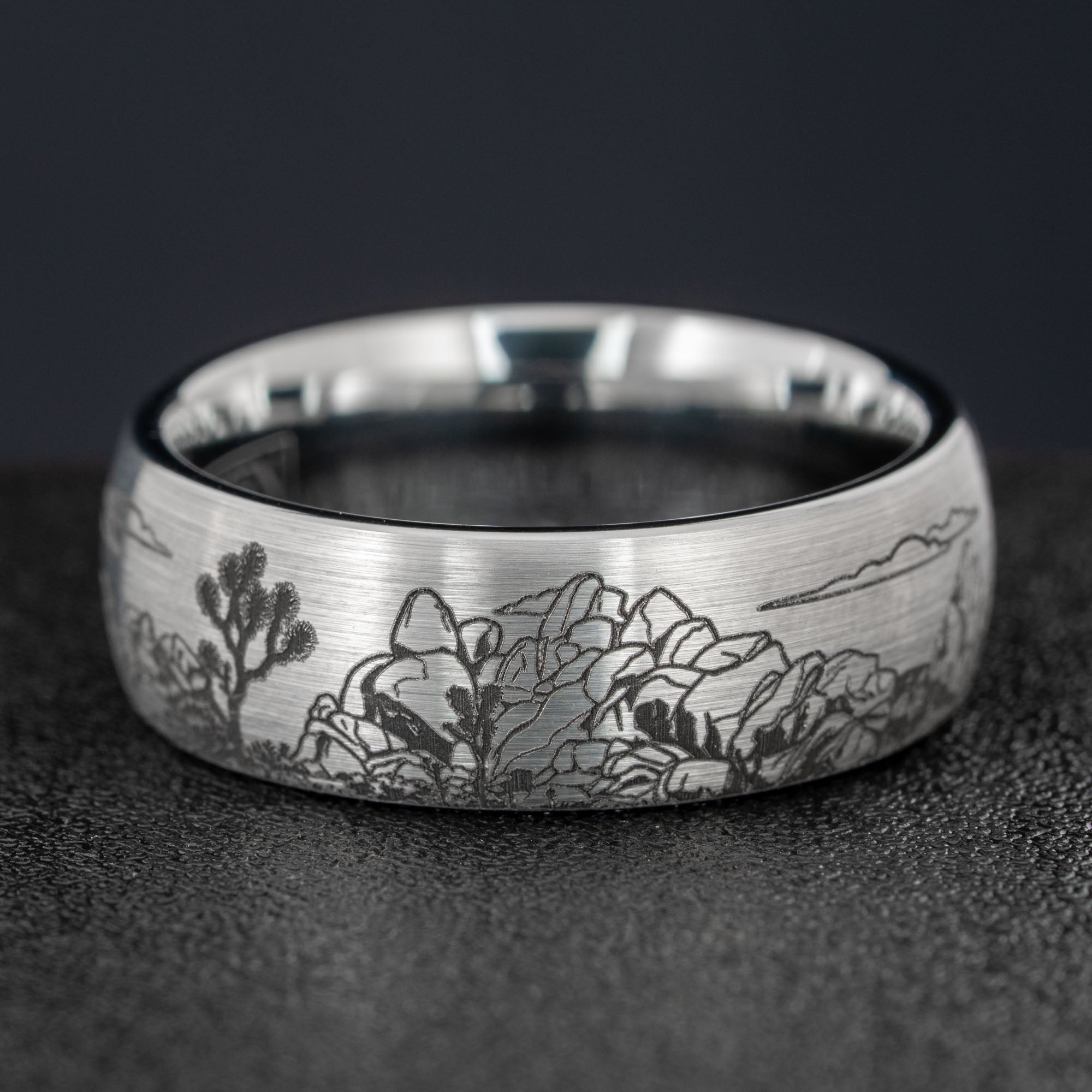 Domed Tungsten Engraved Joshua Tree National Park Ring