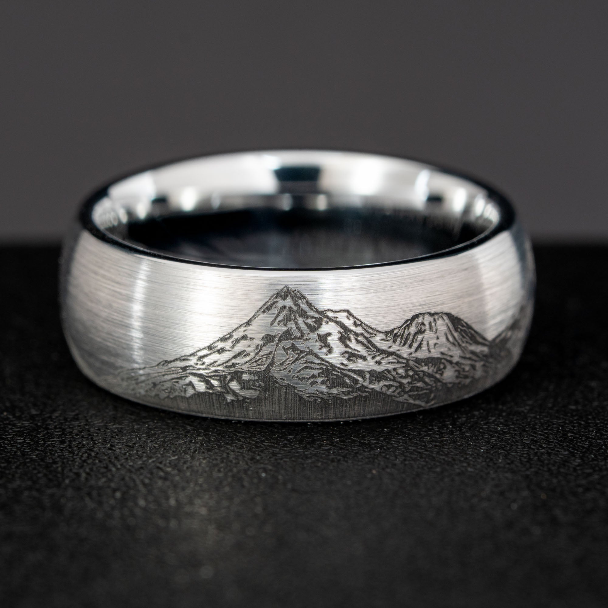 Domed Tungsten Engraved Cascade Range | Pacific Northwest Mountain Ring