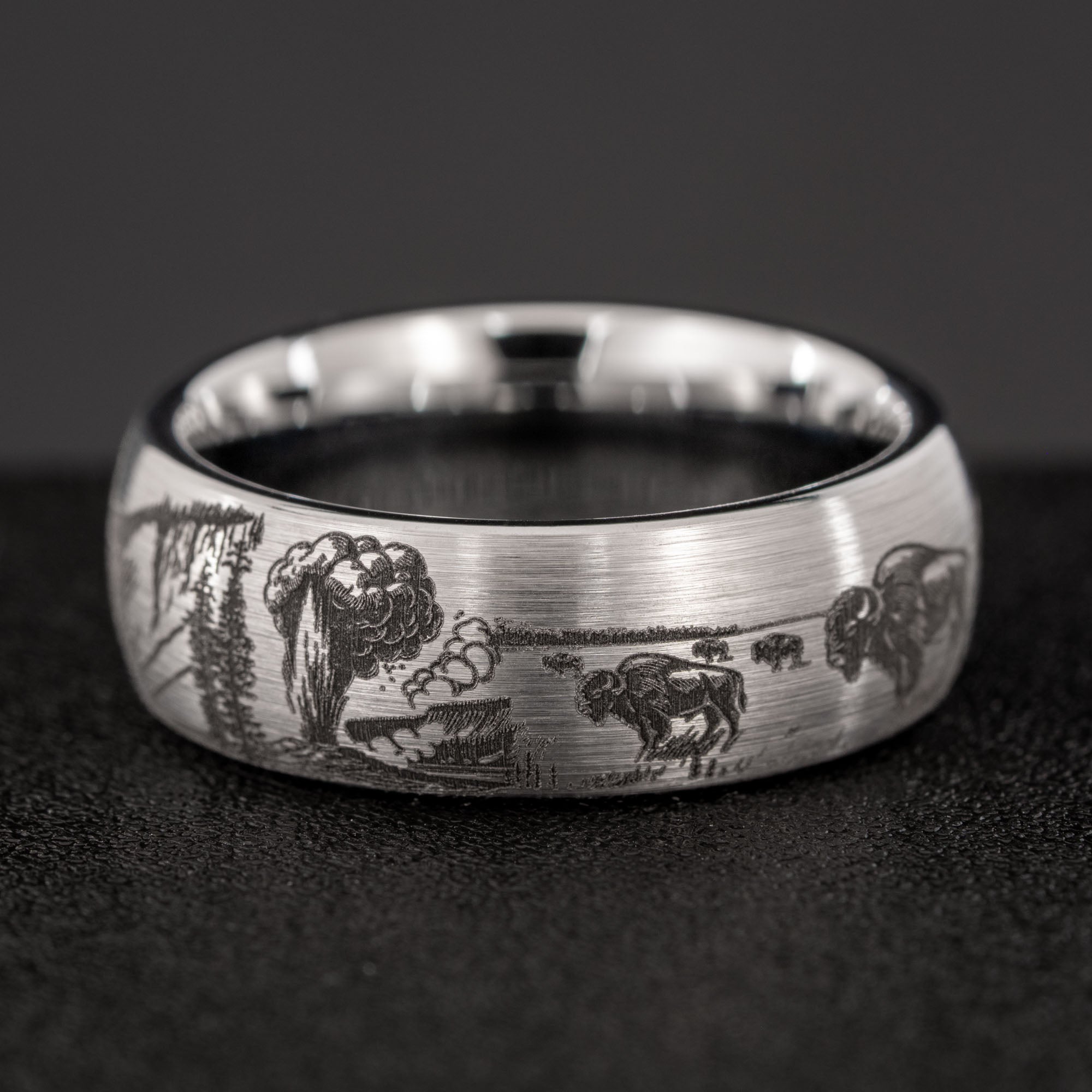 Domed Tungsten Engraved Yellowstone National Park Ring