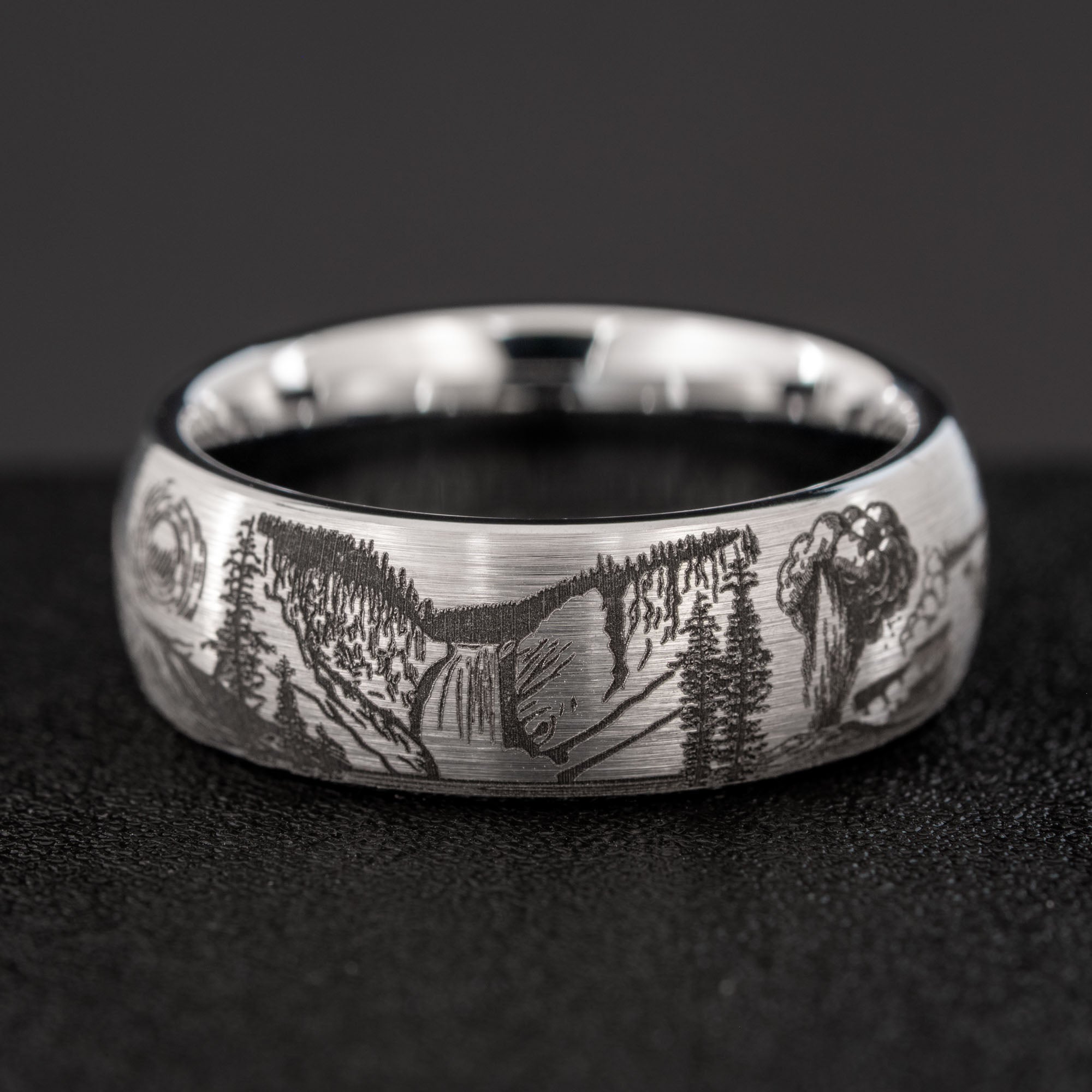 Domed Tungsten Engraved Yellowstone National Park Ring