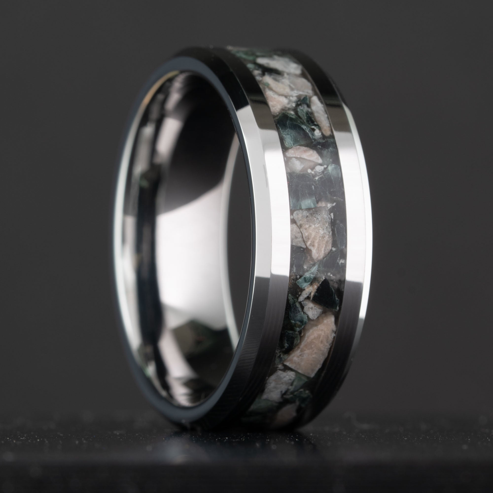 Beveled Tungsten Petoskey Stone & Isle Royale Greenstone Inlay Ring