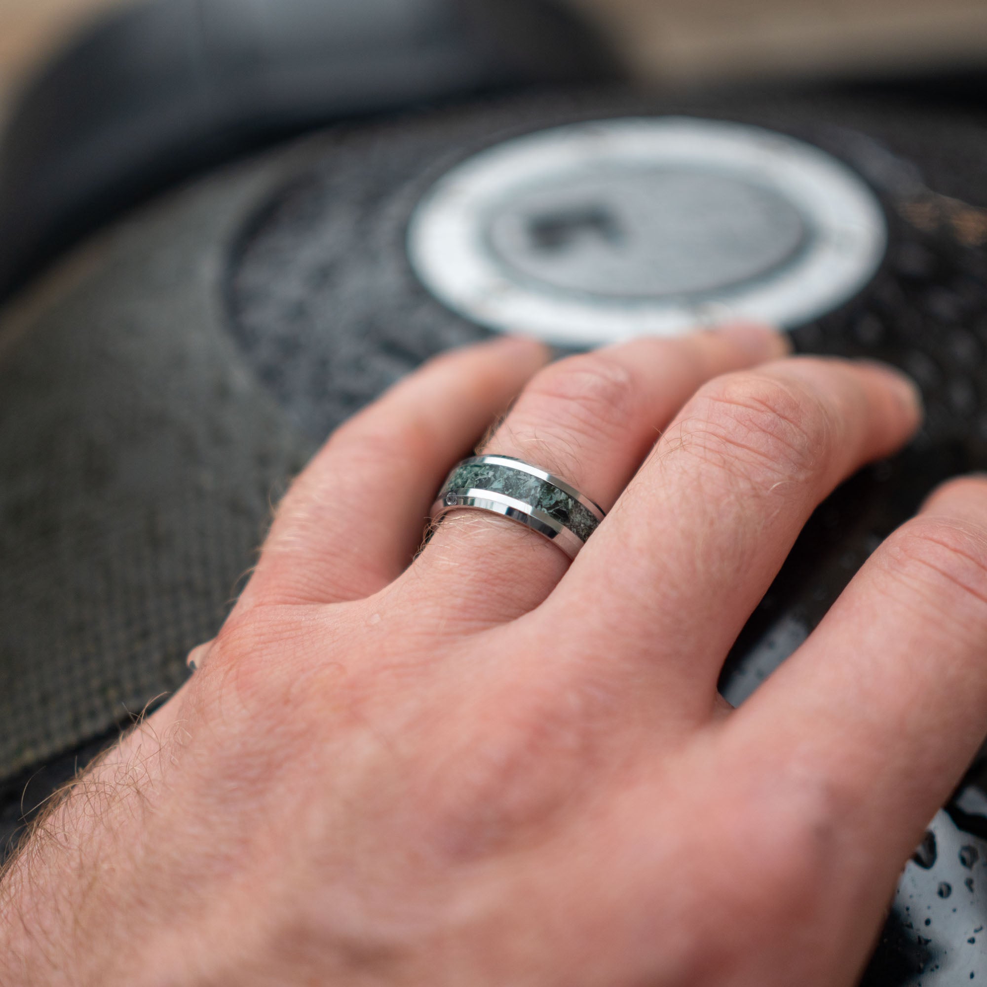 Beveled Tungsten Isle Royale Greenstone Inlay Ring
