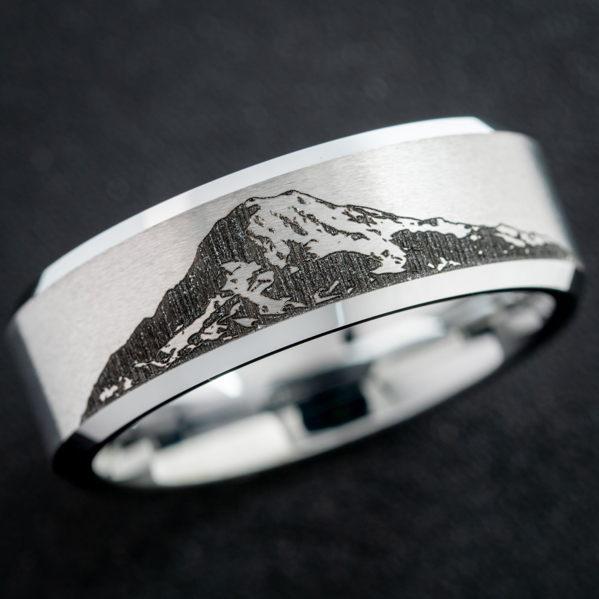 Beveled Tungsten Engraved Mt. Rainier Ring | Honest Hands Ring Co