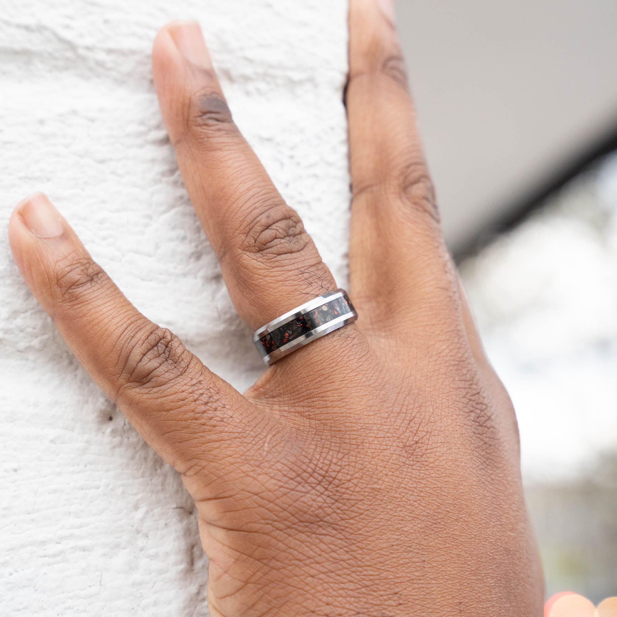 Beveled Tungsten Reynisfjara Iceland Black Sand Beach Inlay Ring