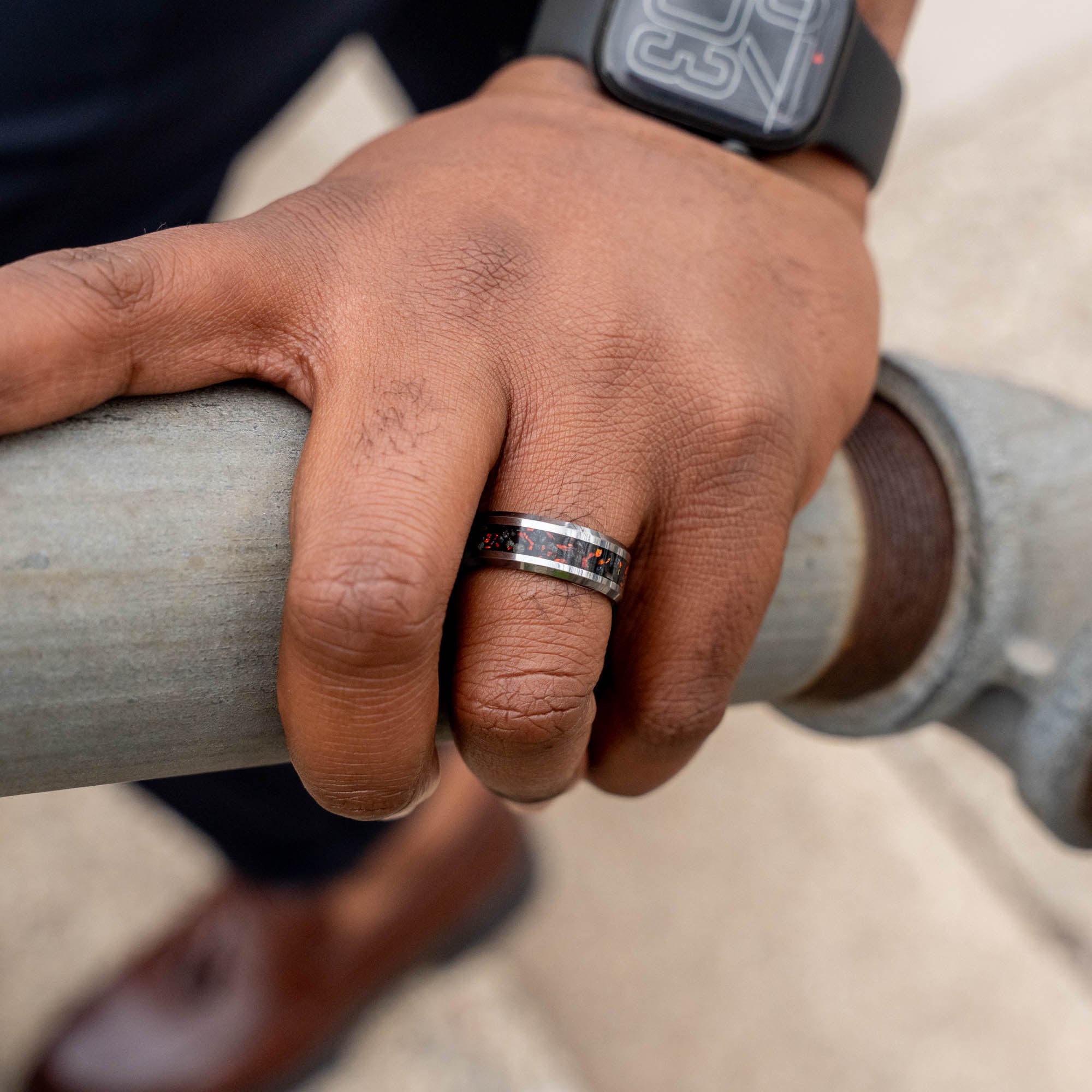 Beveled Tungsten Reynisfjara Iceland Black Sand Beach Inlay Ring