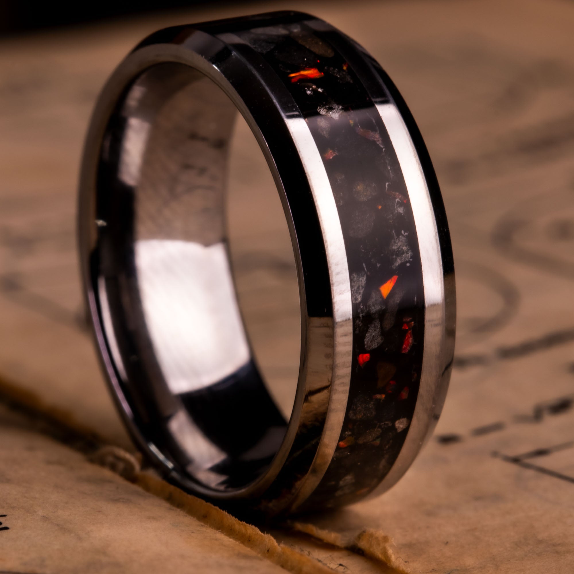 Beveled Tungsten Reynisfjara Iceland Black Sand Beach Inlay Ring