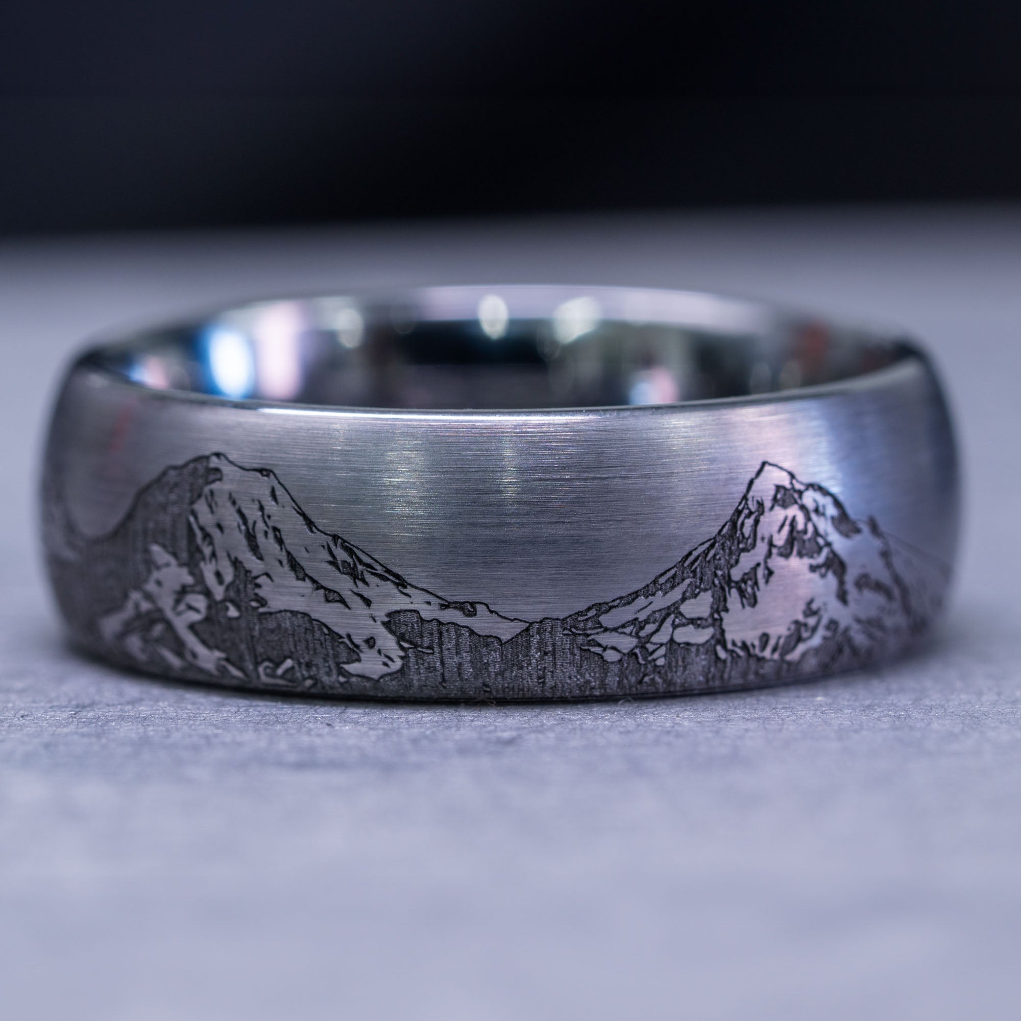 Domed Tungsten Engraved Cascade Range | Pacific Northwest Mountain Ring