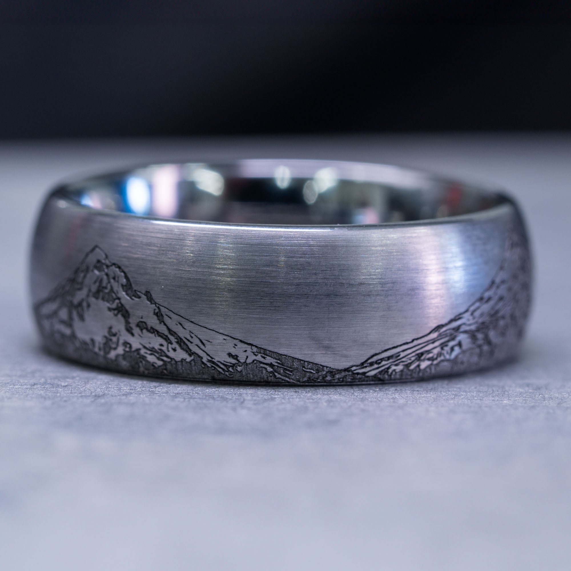 Domed Tungsten Engraved Cascade Range | Pacific Northwest Mountain Ring