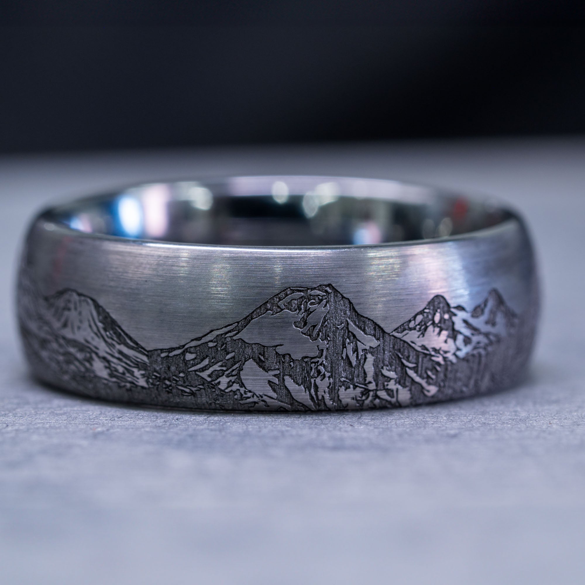 Domed Tungsten Engraved Cascade Range | Pacific Northwest Mountain Ring