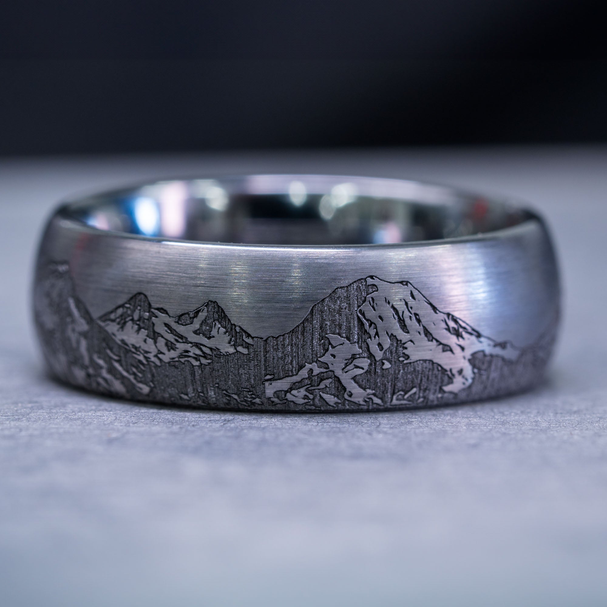 Domed Tungsten Engraved Cascade Range | Pacific Northwest Mountain Ring