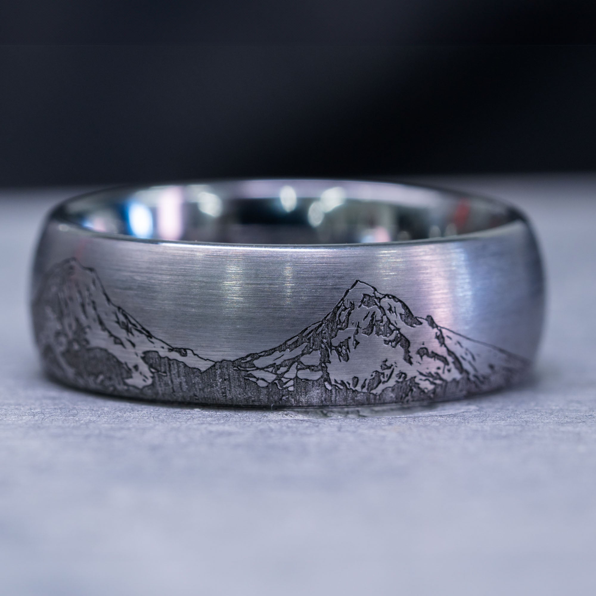 Domed Tungsten Engraved Cascade Range | Pacific Northwest Mountain Ring