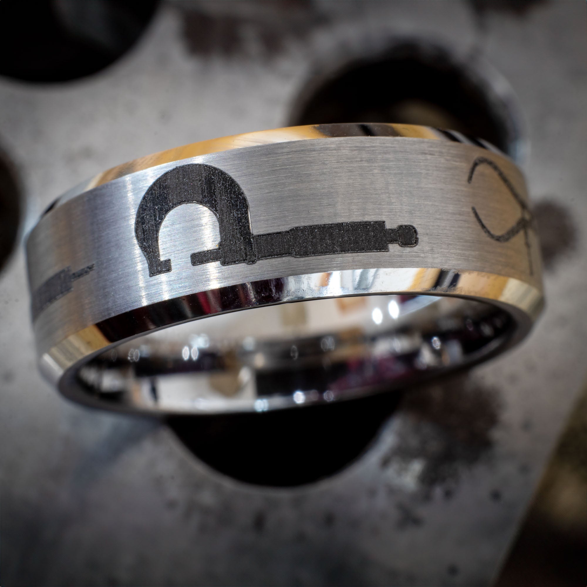 Beveled Tungsten Engraved Machinist Ring
