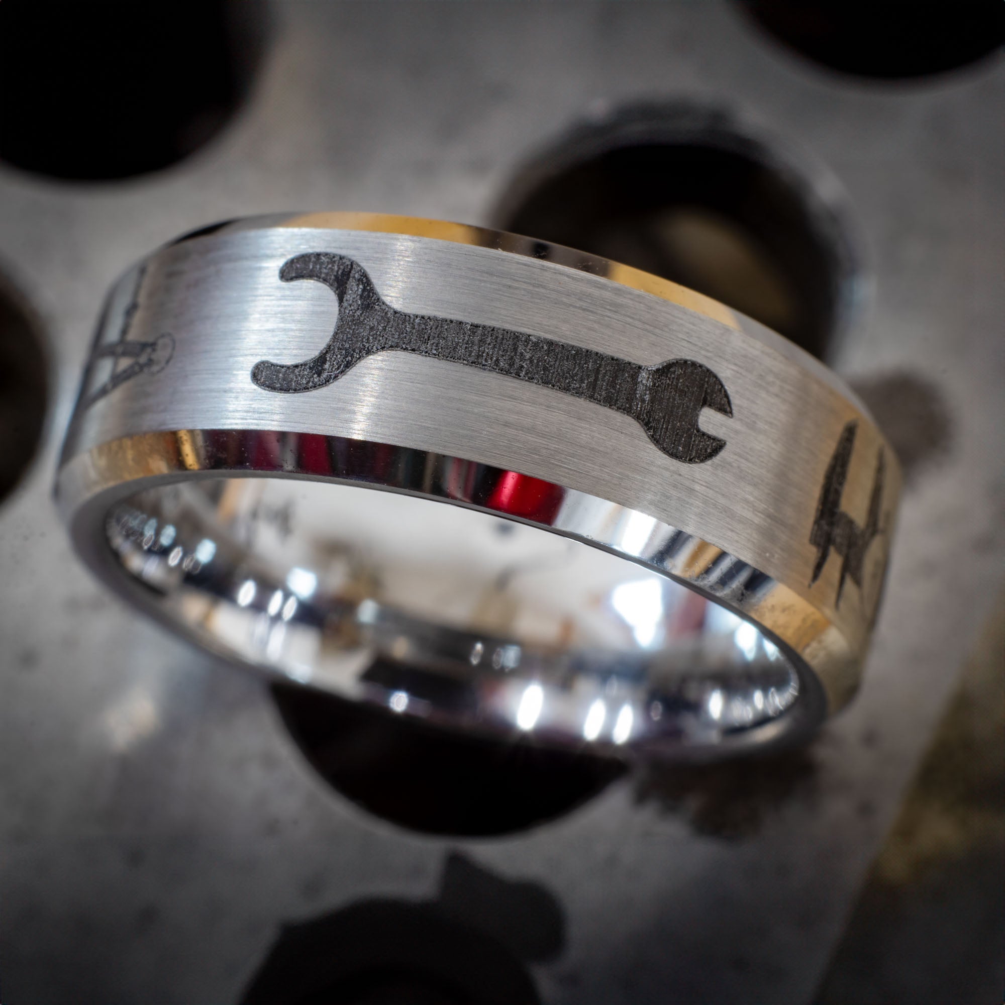 Beveled Tungsten Engraved Machinist Ring