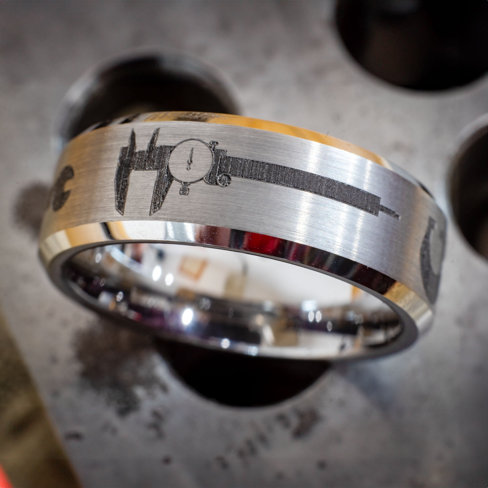 Beveled Tungsten Engraved Machinist Ring