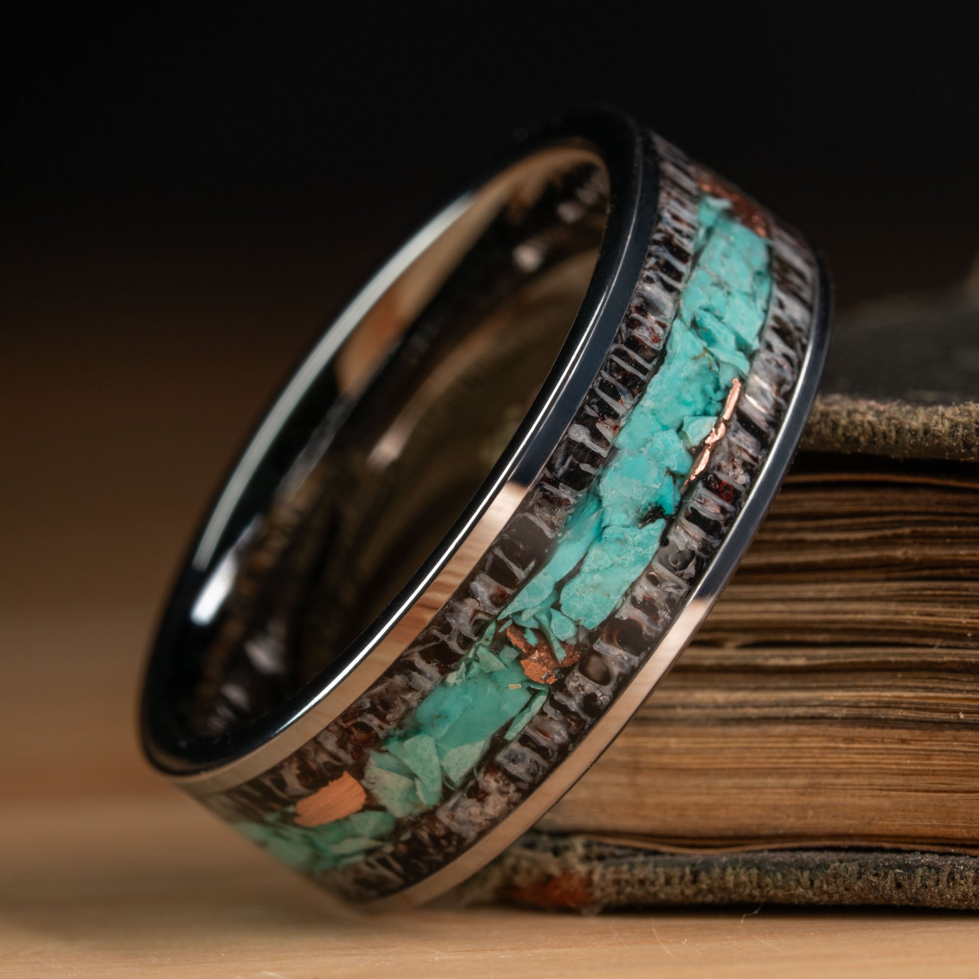 Tungsten Elk Antler Turquoise & Copper Inlay Ring