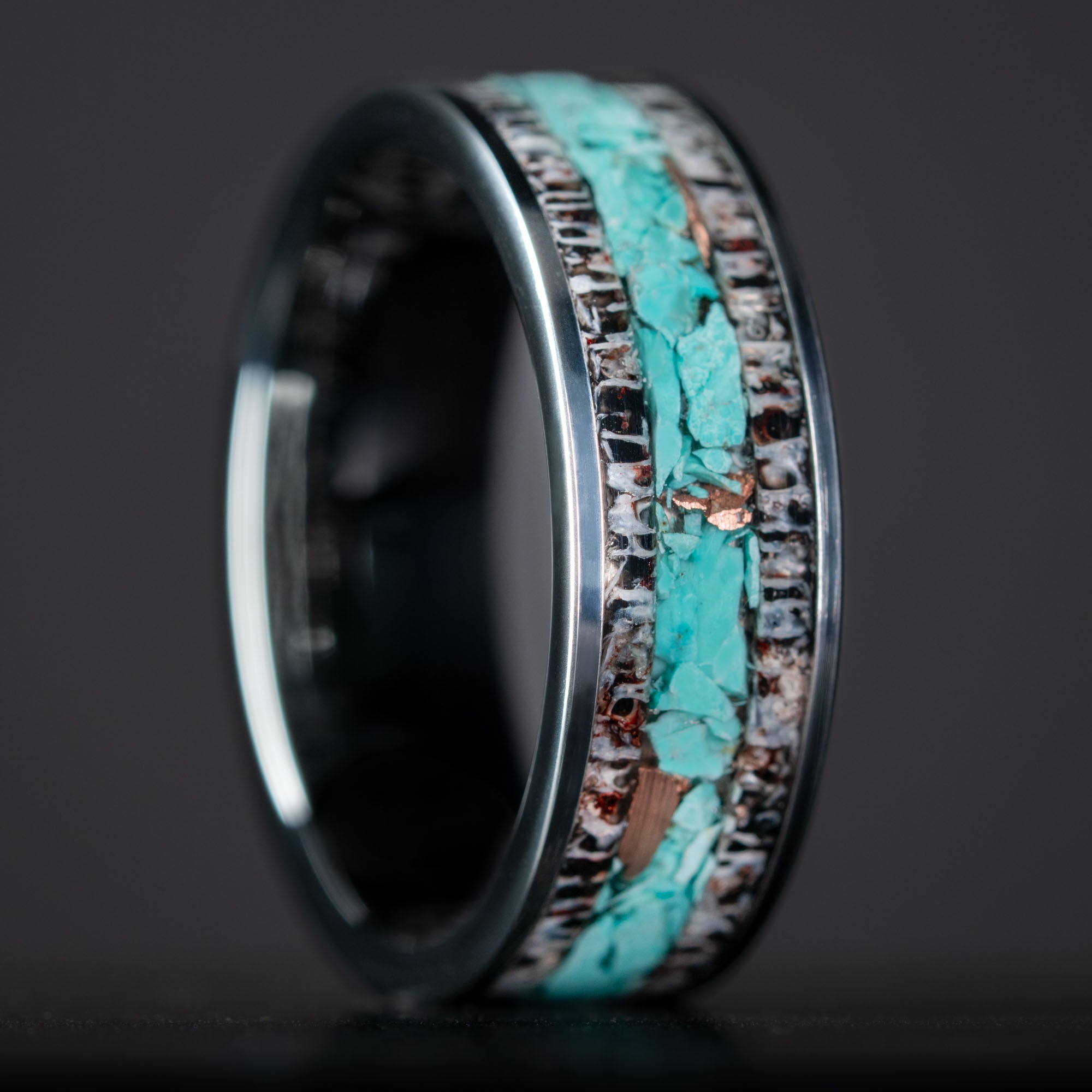 Tungsten Elk Antler Turquoise Copper Inlay Ring