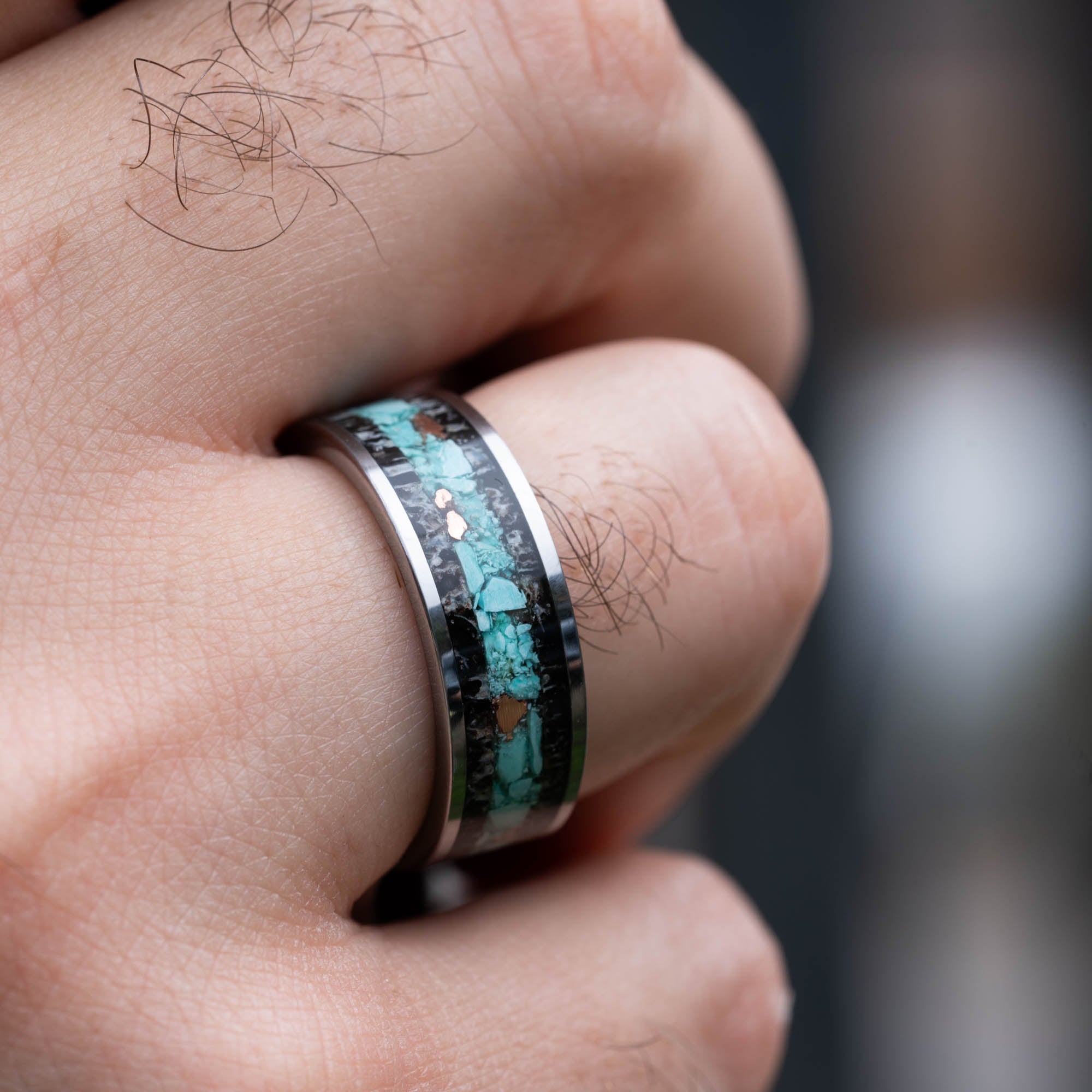Tungsten Elk Antler Turquoise & Copper Inlay Ring