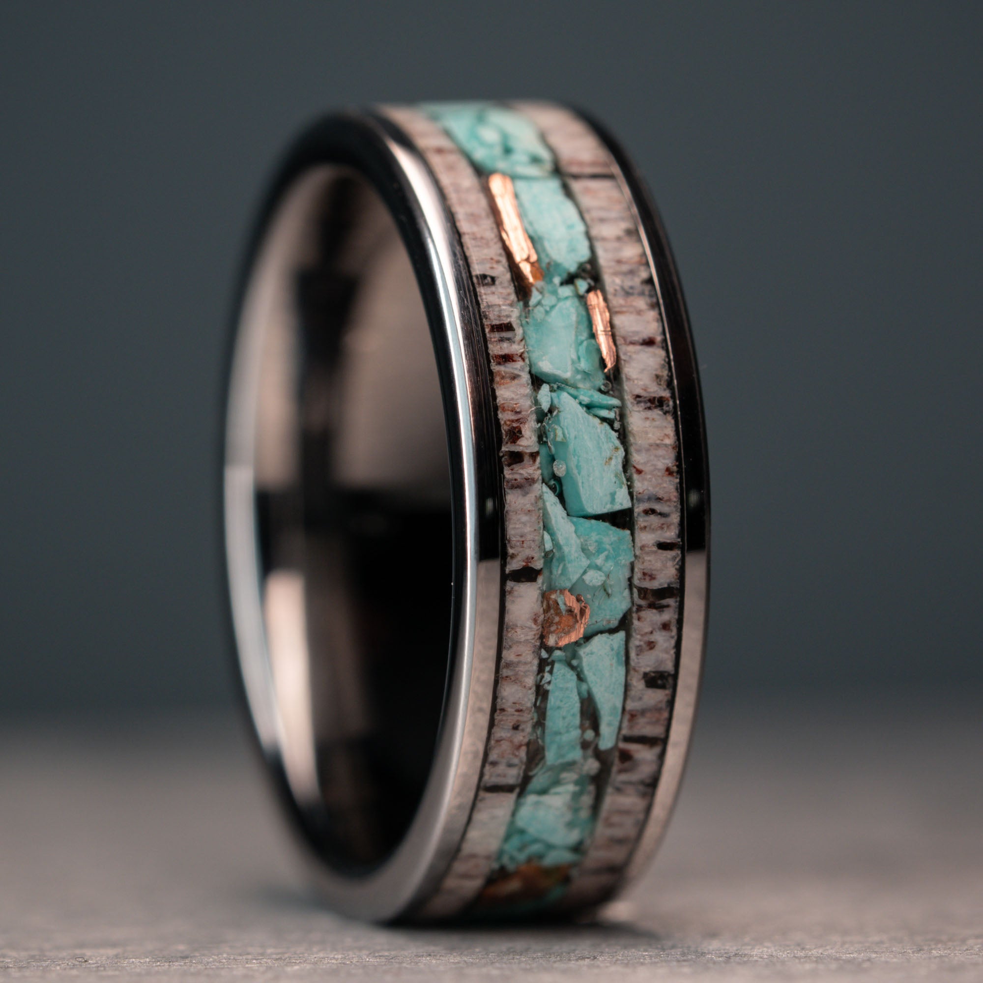 Tungsten Elk Antler Turquoise & Copper Inlay Ring