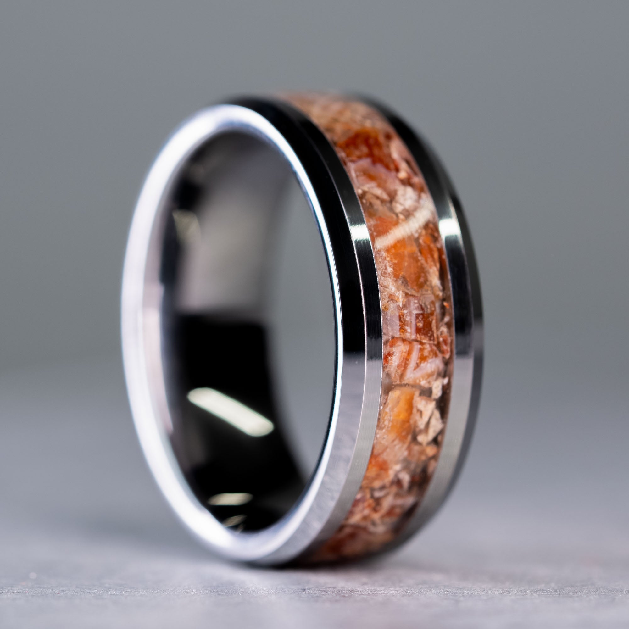 Beveled Tungsten Lake Superior Agate Inlay Ring