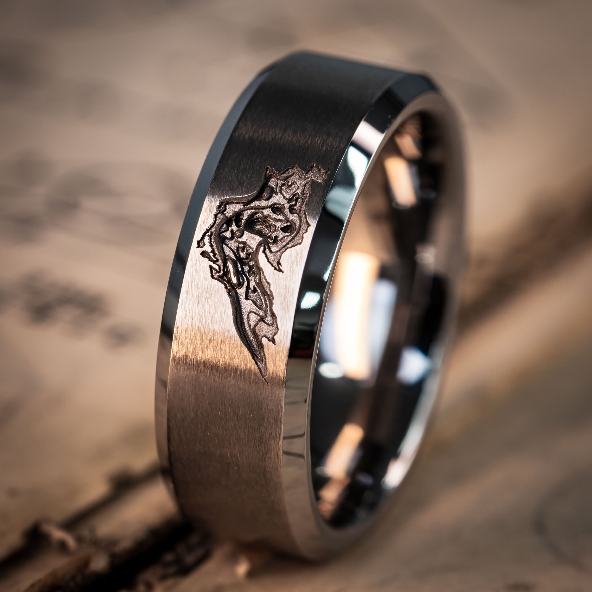 Beveled Tungsten Deep Engraved Lake Superior Depths Ring