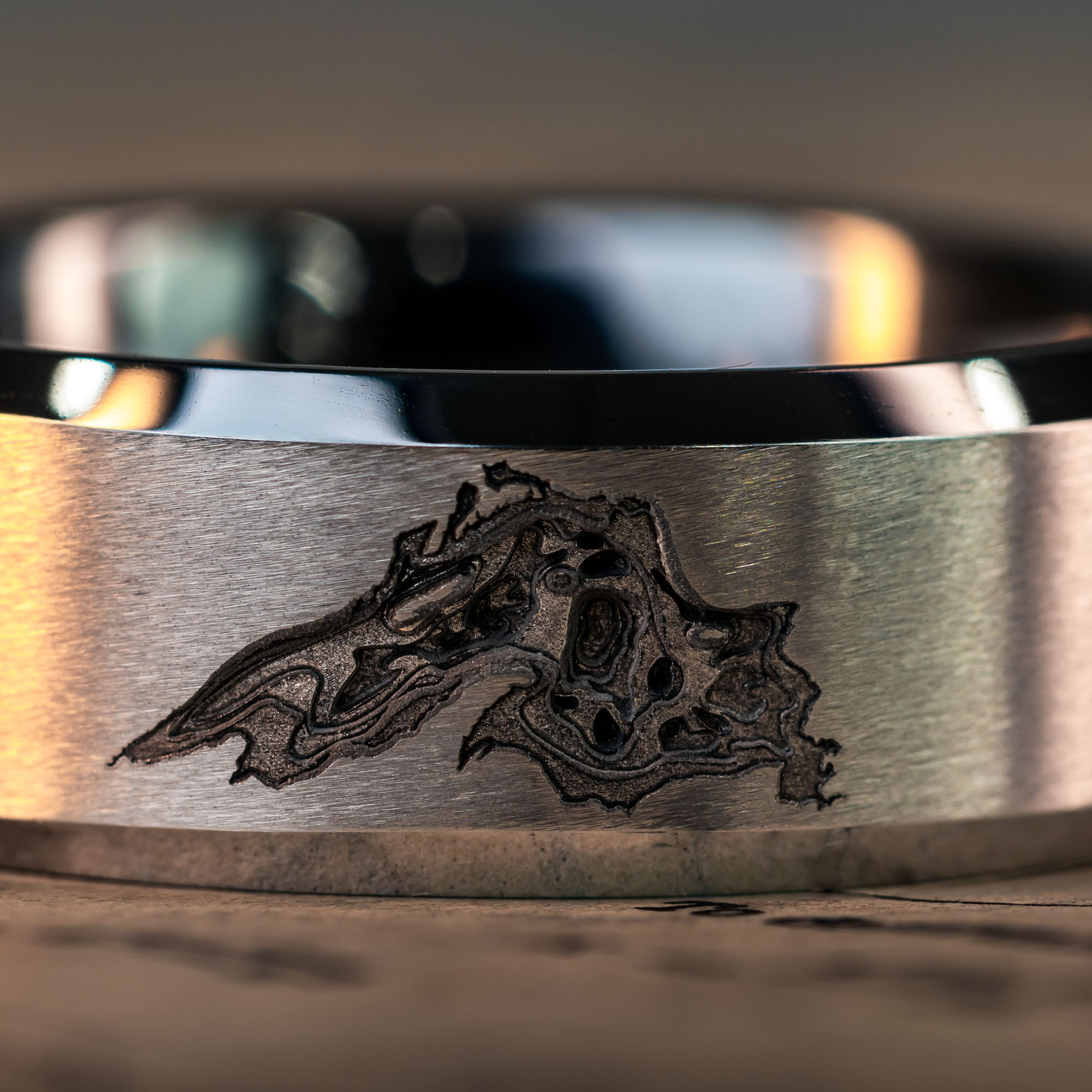 Beveled Tungsten Deep Engraved Lake Superior Depths Ring