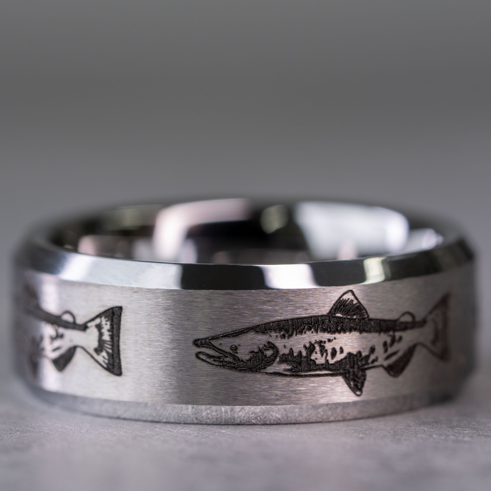 Beveled Tungsten Engraved Salmon Ring