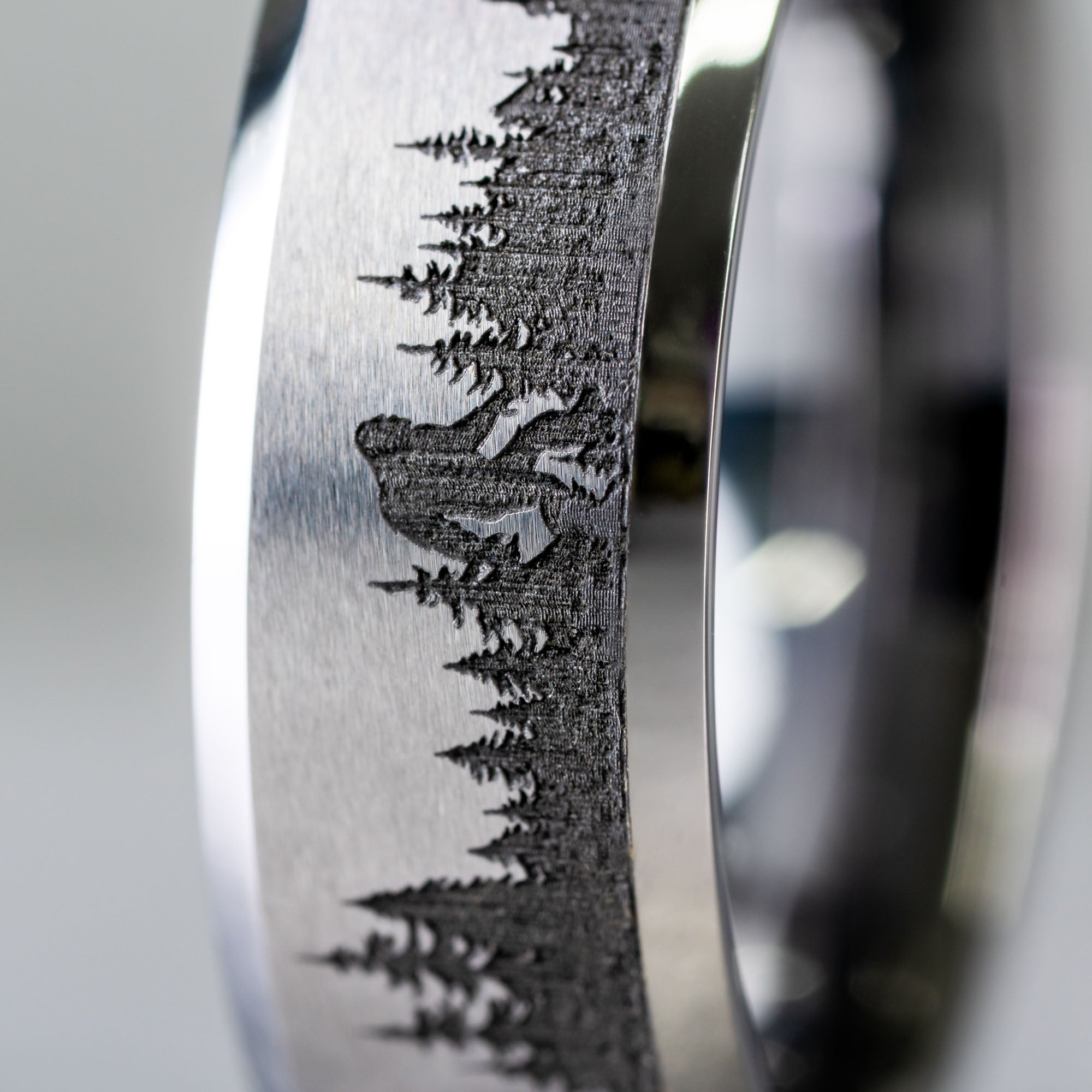 Beveled Tungsten Engraved Sasquatch Sighting Ring