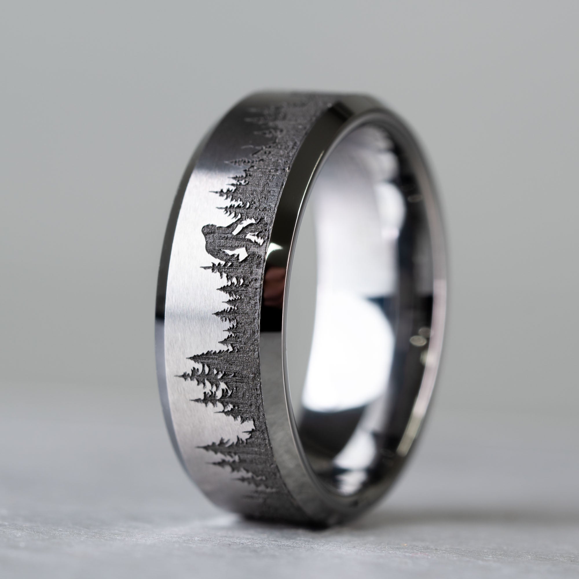 Beveled Tungsten Engraved Sasquatch Sighting Ring