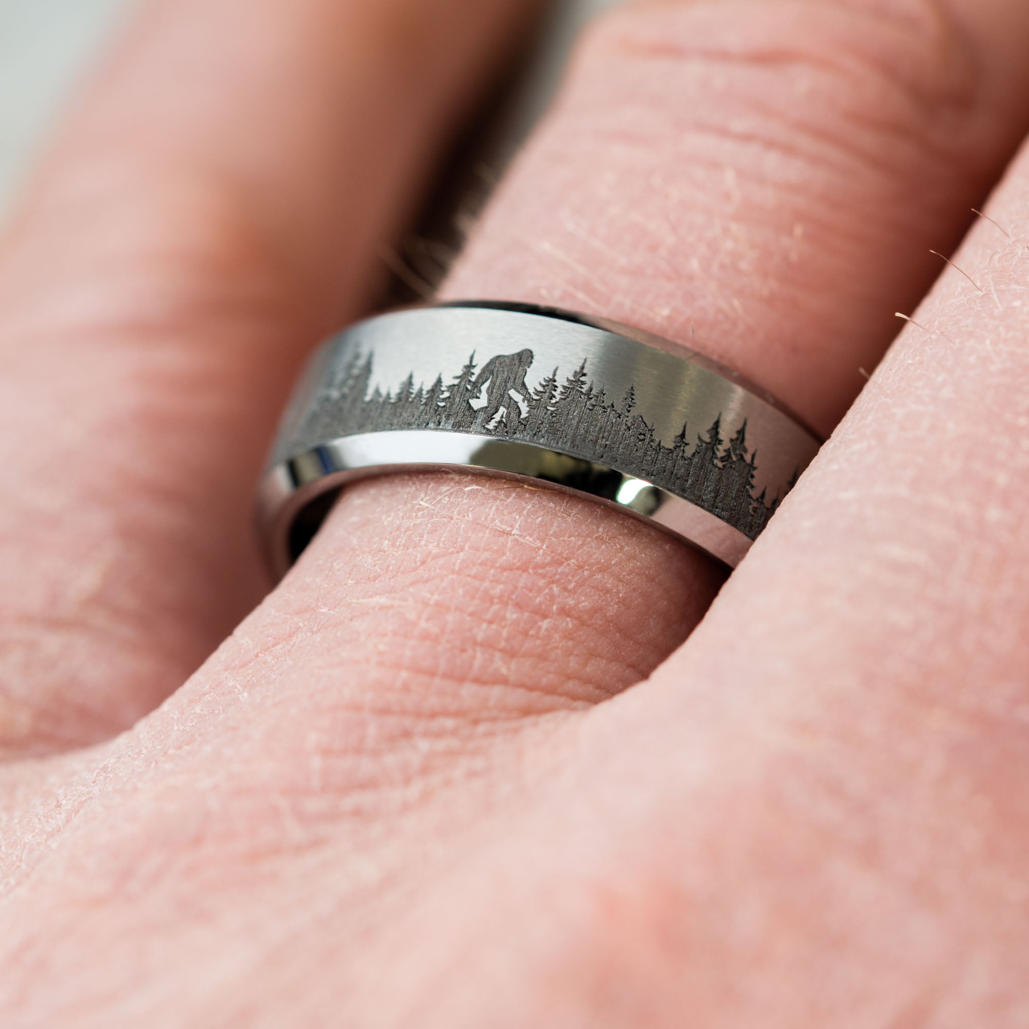 Beveled Tungsten Engraved Sasquatch Sighting Ring