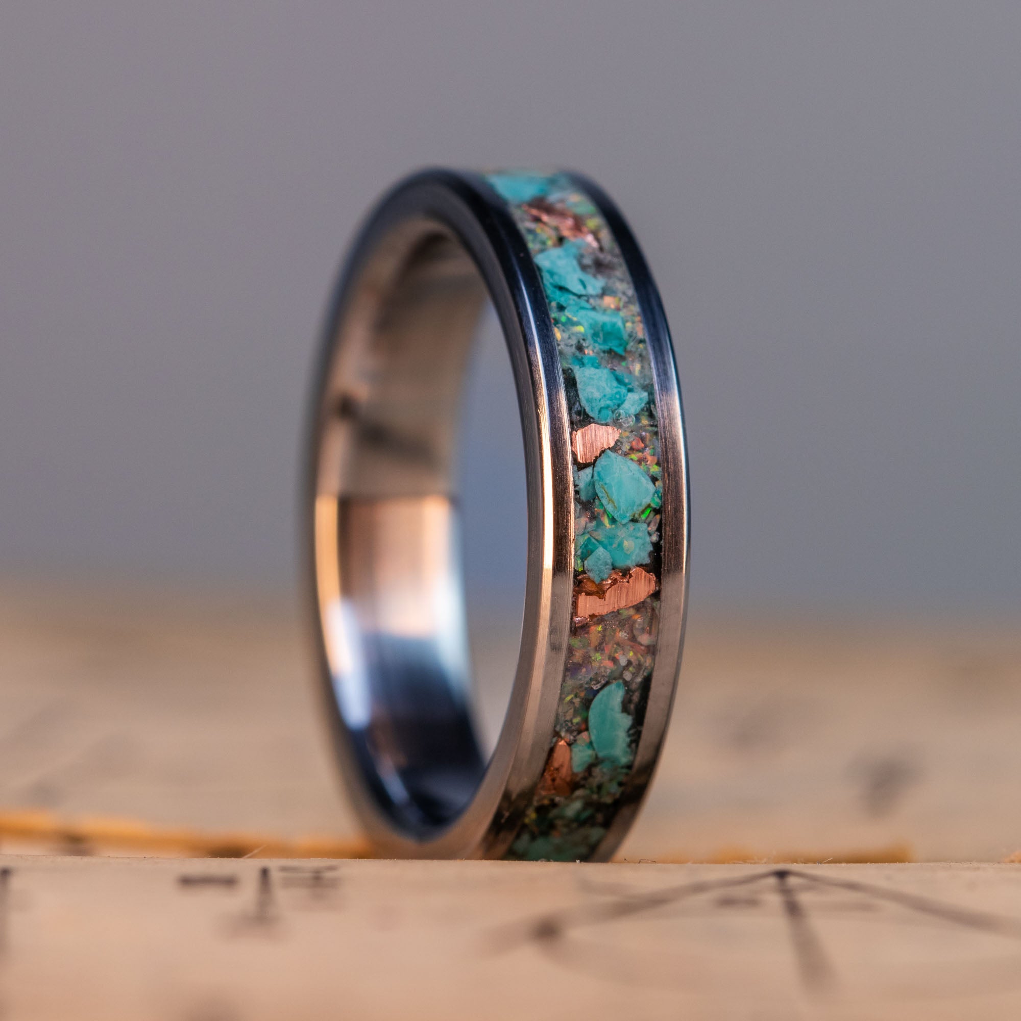Titanium Turquoise Copper & White Opal Inlay Ring