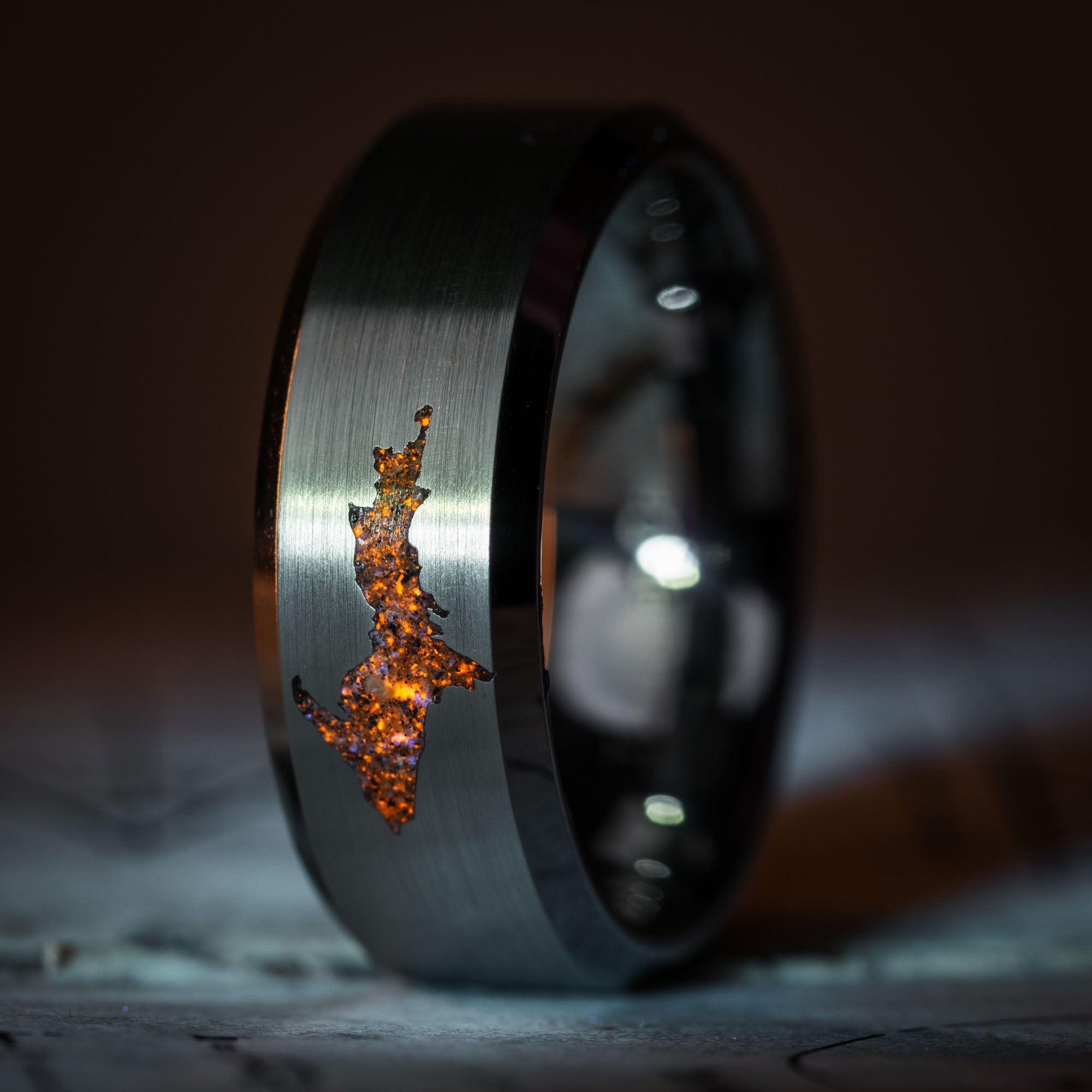 Beveled Tungsten Upper Peninsula Yooper Glow Stone Inlay Ring
