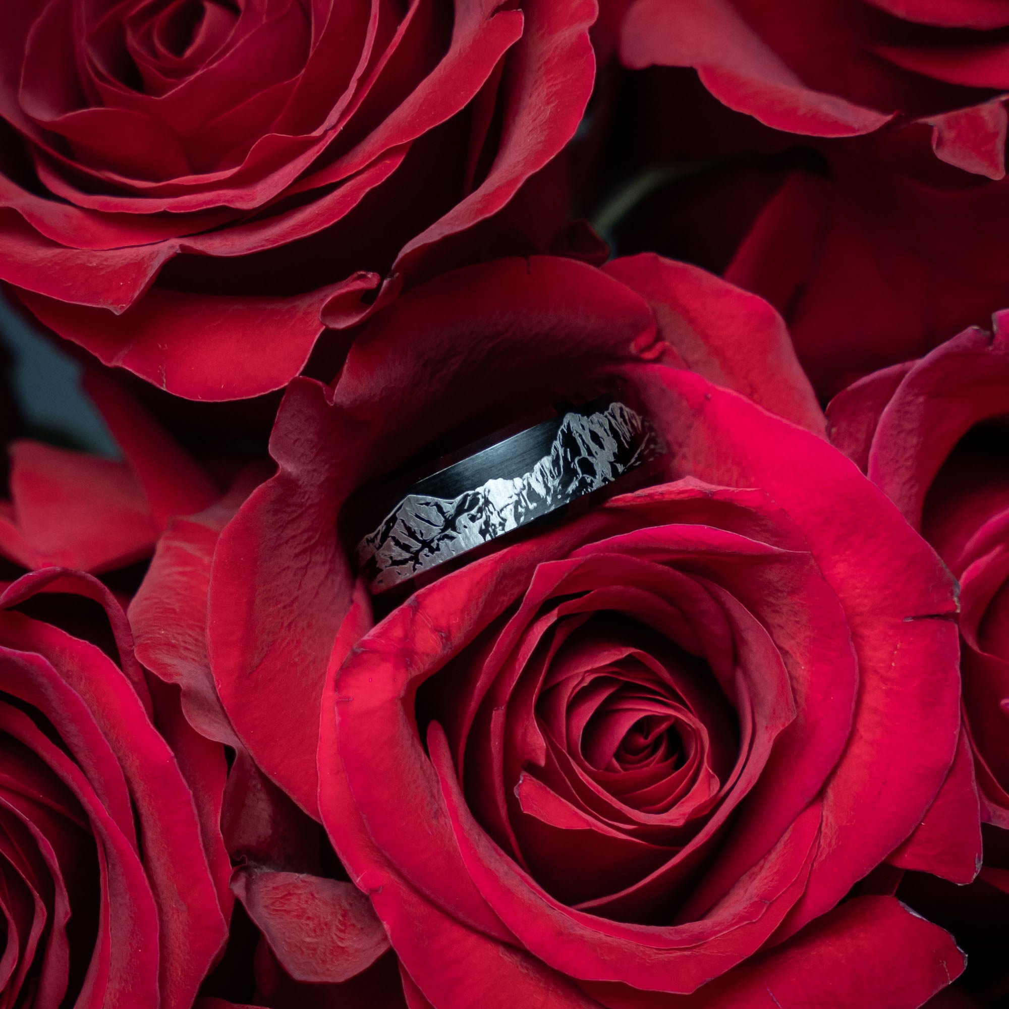 Black Beveled Tungsten Engraved Boulder Flatirons Ring