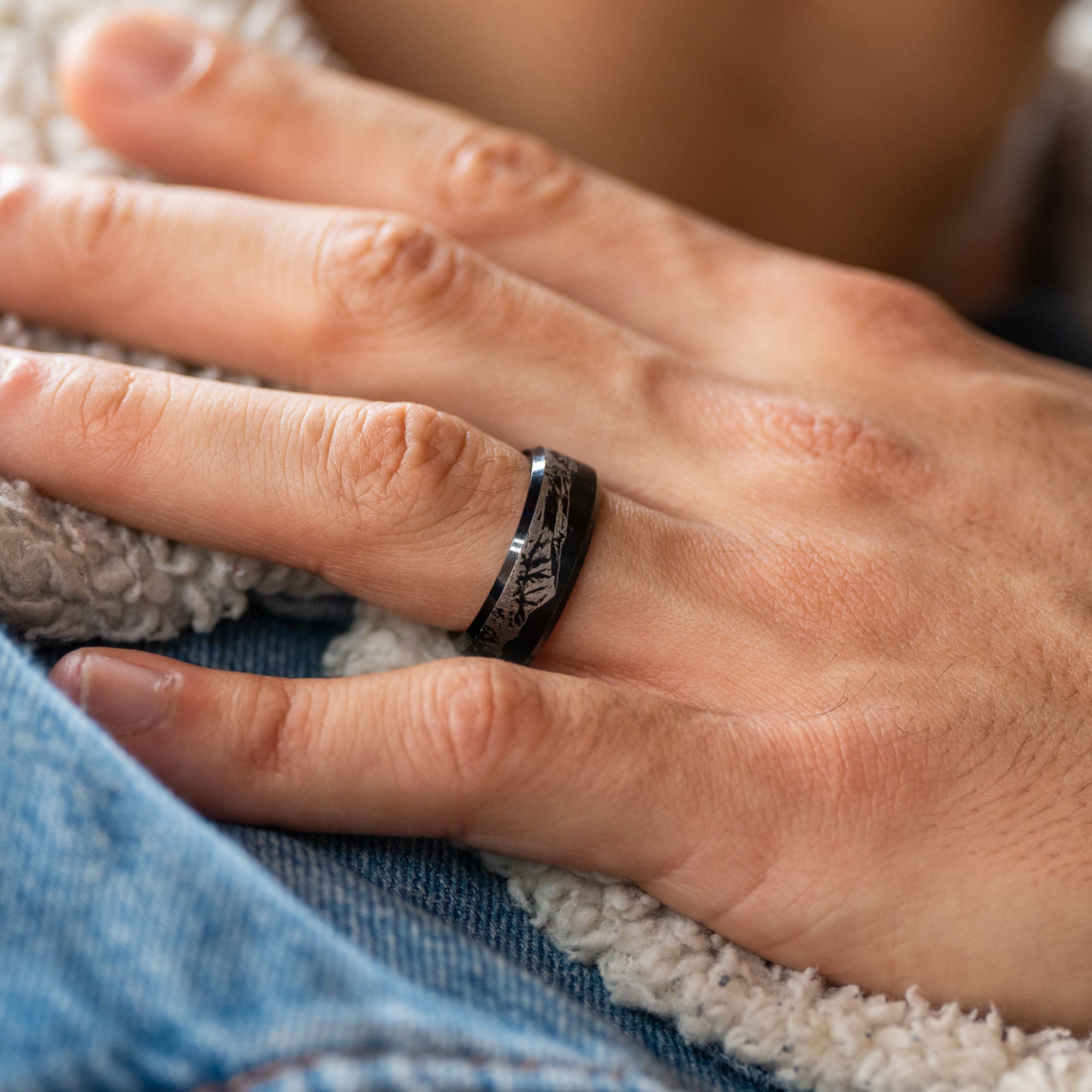 Black Beveled Tungsten Engraved Boulder Flatirons Ring