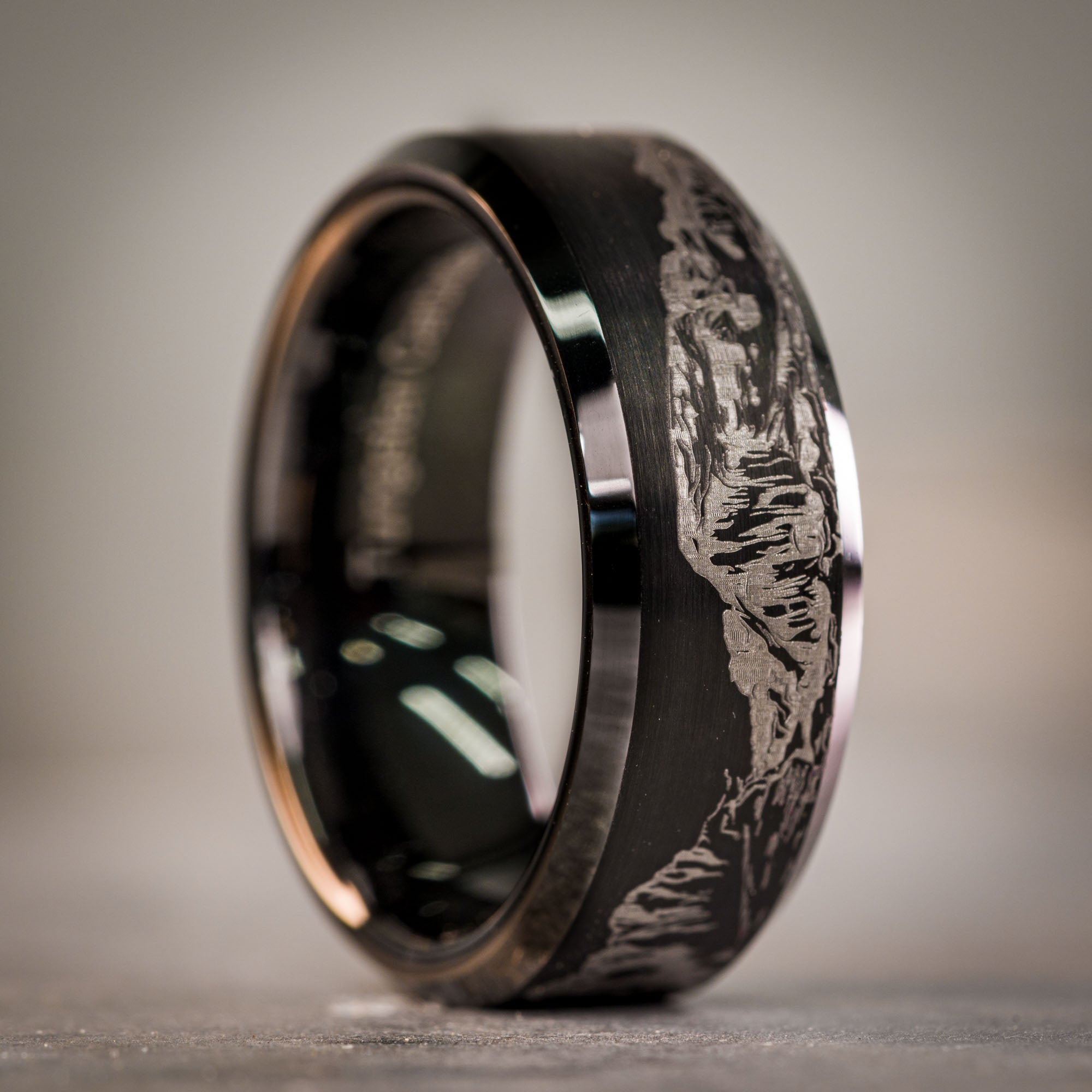 Black Beveled Tungsten Engraved Colorado 14er Ring