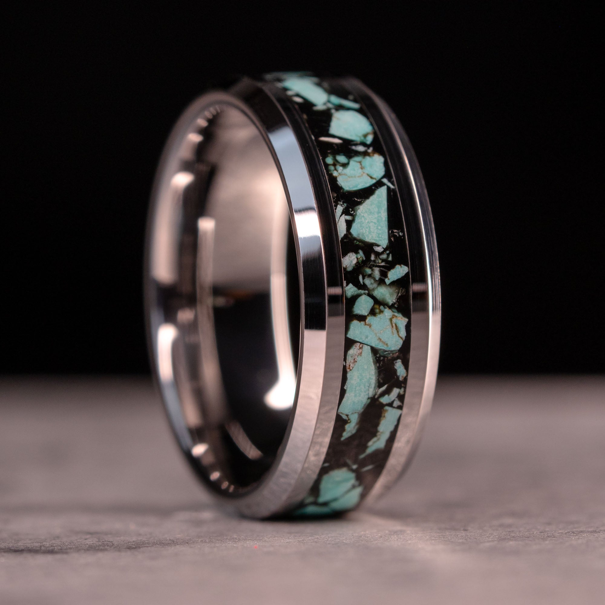 Beveled Tungsten Black Turquoise Inlay Ring