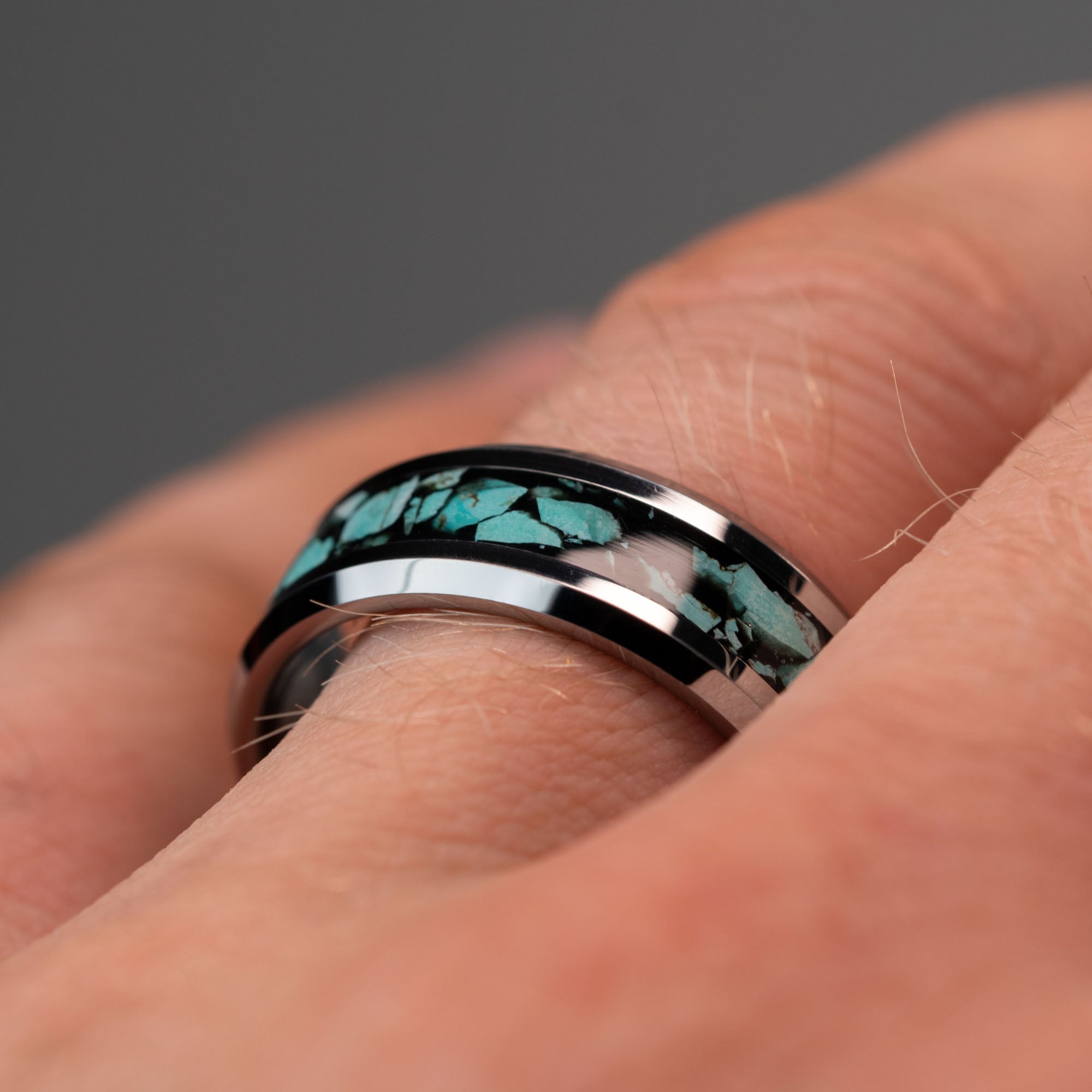 Beveled Tungsten Black Turquoise Inlay Ring