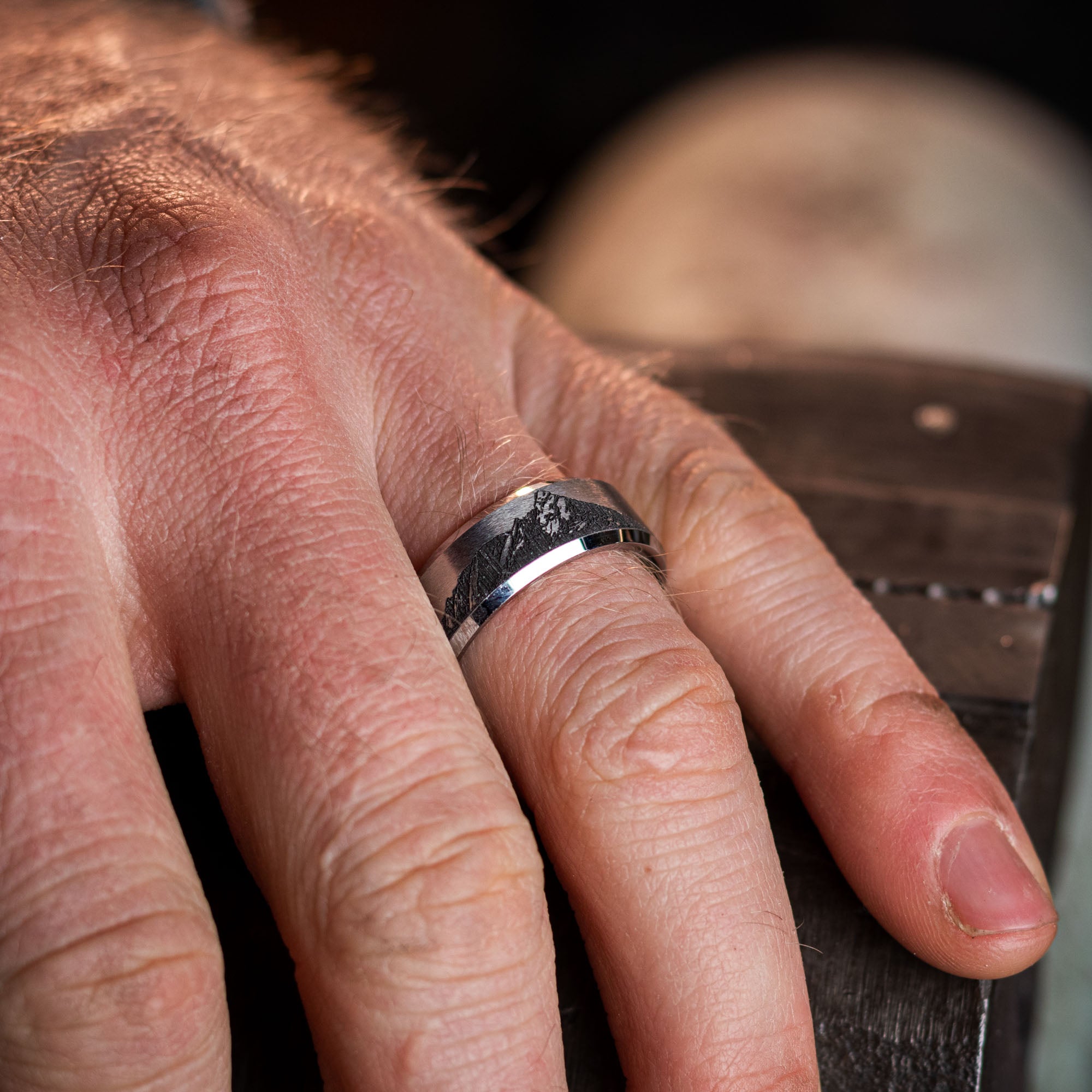 Beveled Tungsten Engraved Boulder Flatirons Ring